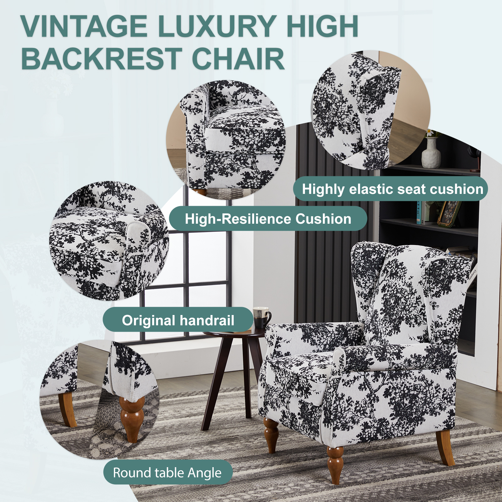 Coffee Table & Armchair Set,Vintage Luxury Style,a High-back Reading Chair  Antique White Gray &a Solid Wood Coffee Table Walnut-Tone,suitable For Living Rooms And Bedroom Relaxation Areas
