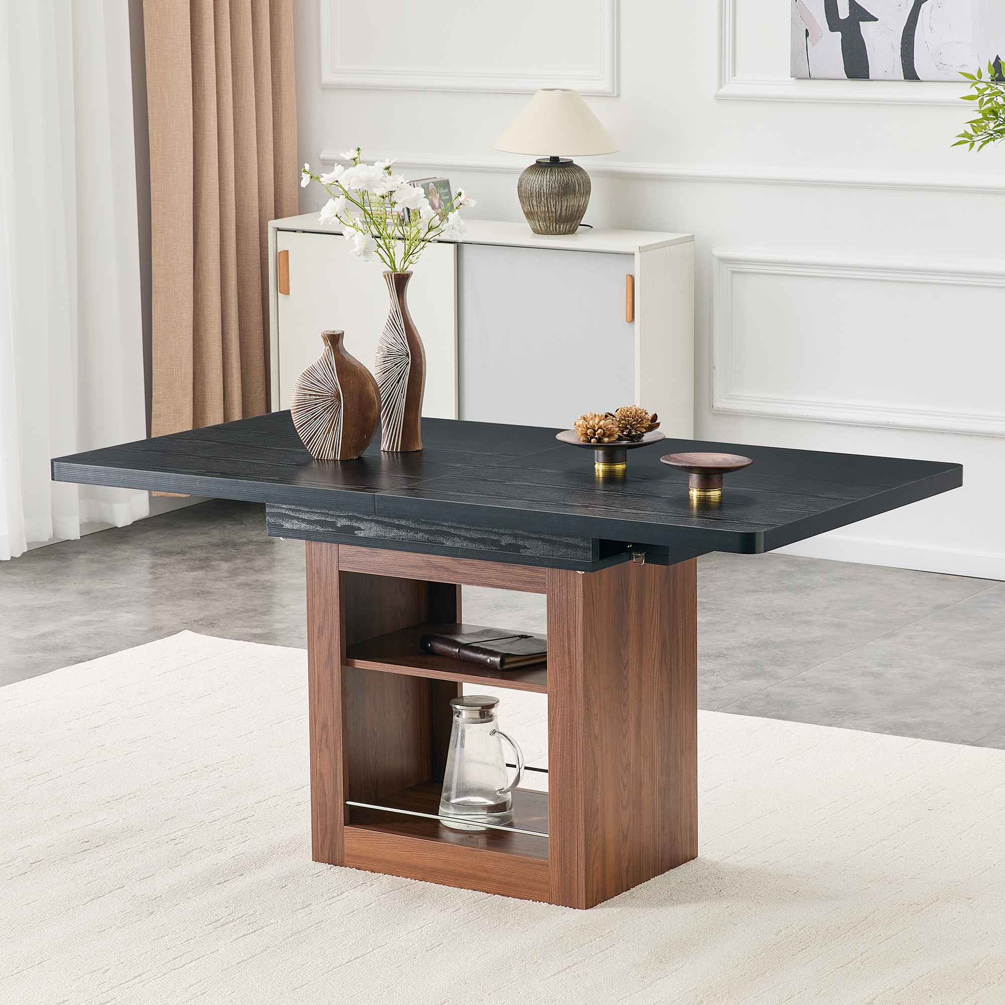 An Expandable Dining Table With Storage Space And A 59 Inch To 71 Inch Expandable Kitchen Dining Table. Black Rectangular Pull Table With Sturdy MDF Frame In Walnut Color,  Accommodating 4-8 People.