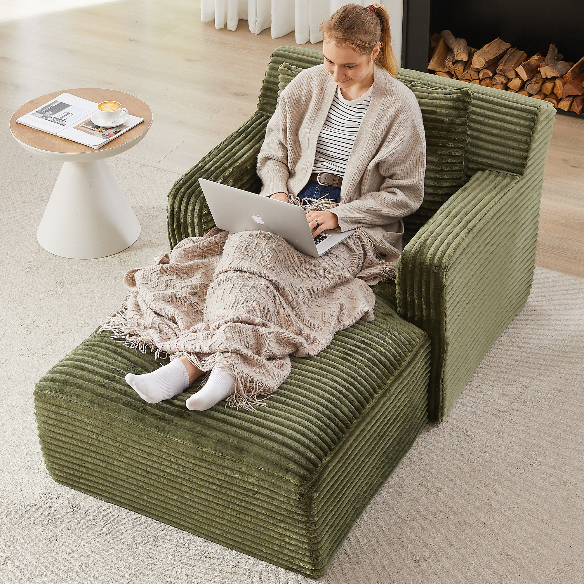 Indoor Single Chaise Sofa, Modern Corduroy Upholstery, No Assembly Required,Comfy Sleeper For Living Room,Office,Apartment
