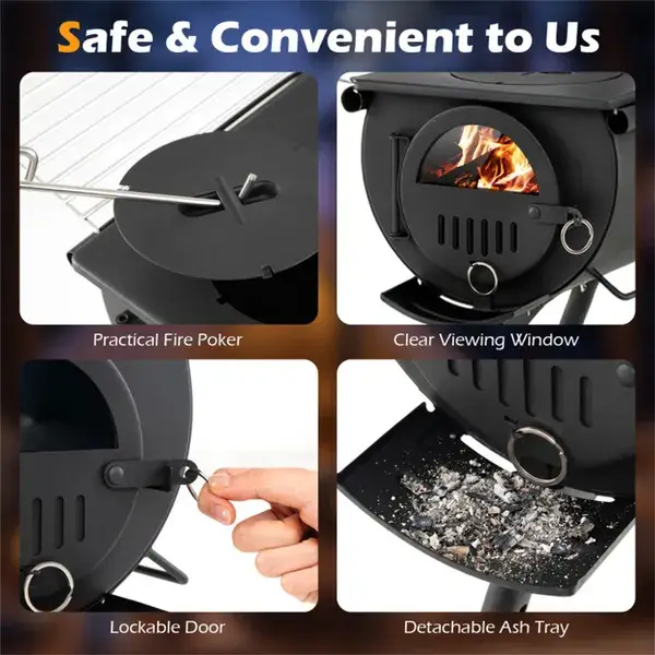 Portable Foldable Wood Burning Tent Stove With 5 Sections Chimney, Heavy Duty Carbon Steel Camping Stove With View Window & Cooking Racks For Outdoor Hunting Ca