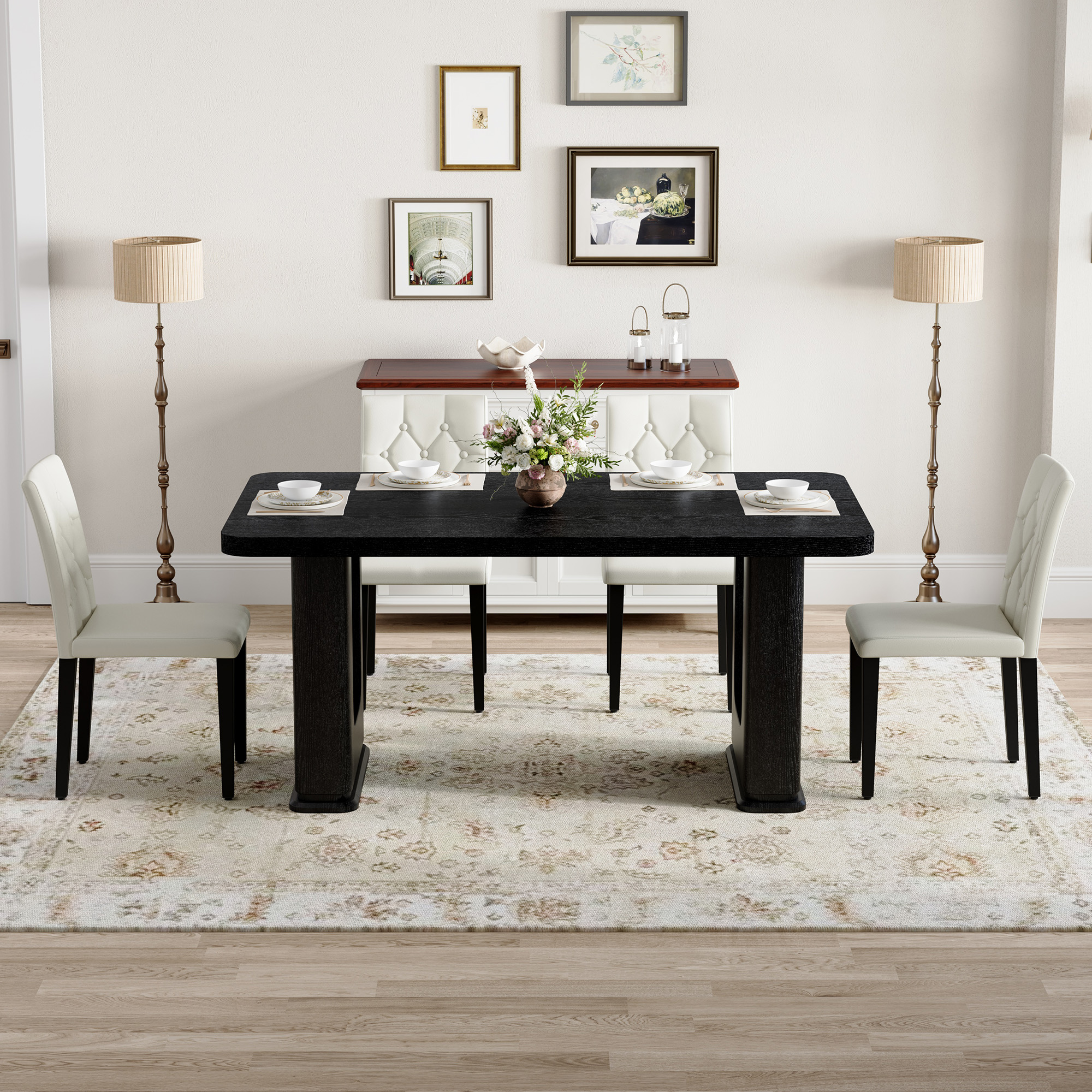 Table And Chair Set.64.5 X 35.4 Inch Stylish Black Wood Color Textured Dining Table.4-pack White PU Dining Chairs Ergonomic Buckle Backrest.Exudes A Strong Sense Of Fashion.