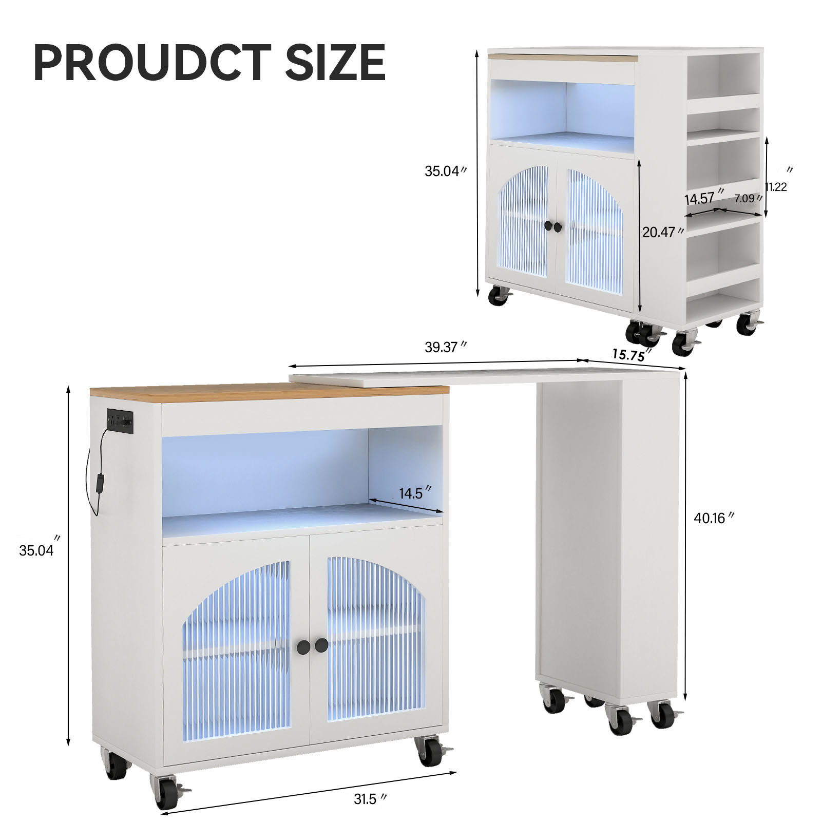 Kitchen Island On Wheels With Extended Table MDF Rolling Kitchen Storage Cart With LED Light Power Outlets 2 Fluted Glass Doors Side 3 Open Shelves White US Plug 3