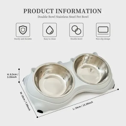 Anti Slip Base Double Cat Food Bowl, Gray Stainless Steel
