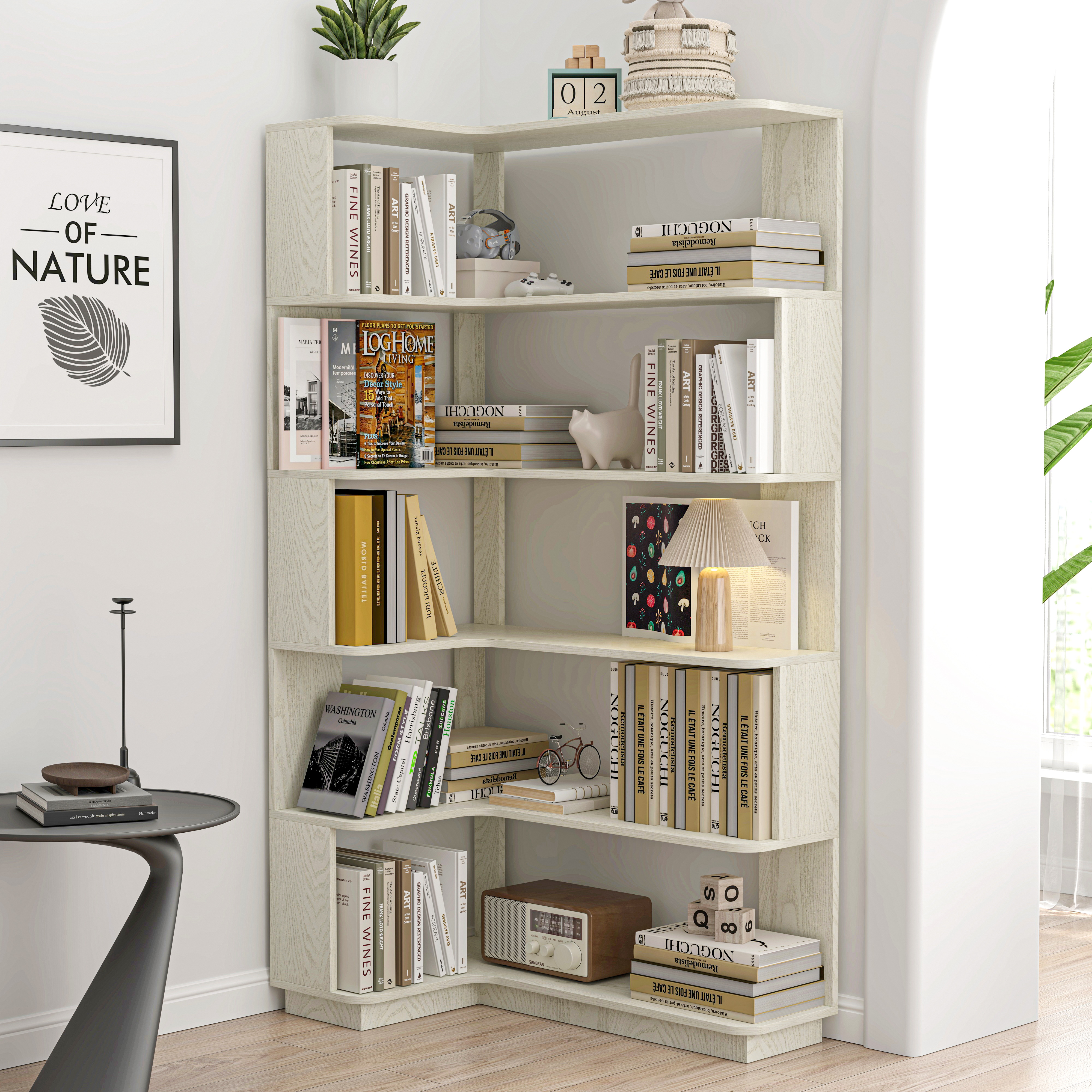 90cm 35.43 Extended Size 5-Tier Freestanding L-Shaped Corner Bookshelf For Living Room,Bedroom,home Office Wooden Bookcase With Anti-drop Panel And Anti Tipping Device,Display Shelf Open Storage