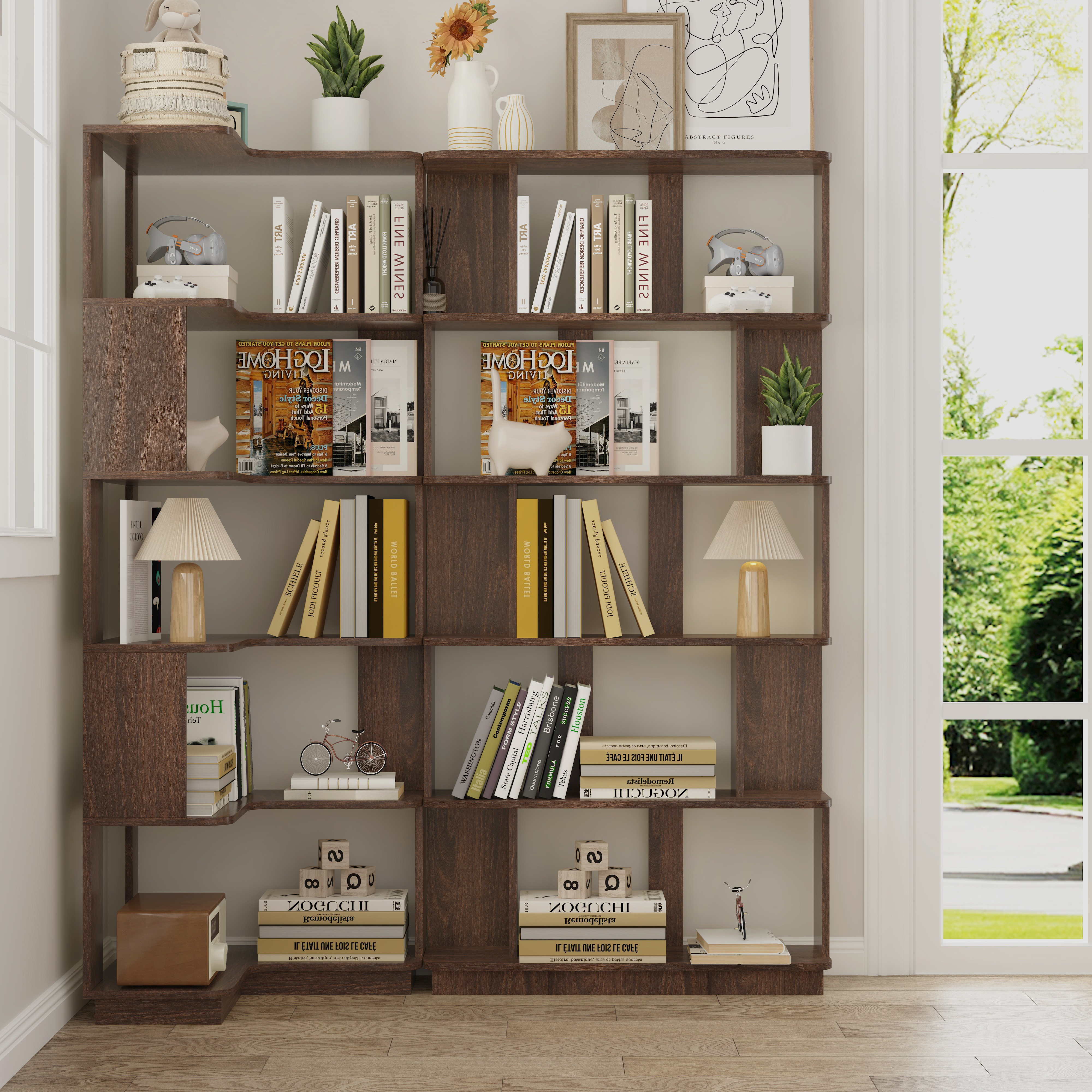 Set Of 2 Free Combination Bookcase Space Saving Corner Bookshelf 55cm Plus 80cm Length Dark Brown Color And Other 4 Colors For Option, 2 Bookcases Group L Shaped Bookcase X 1    I Shaped Bookcase X 1