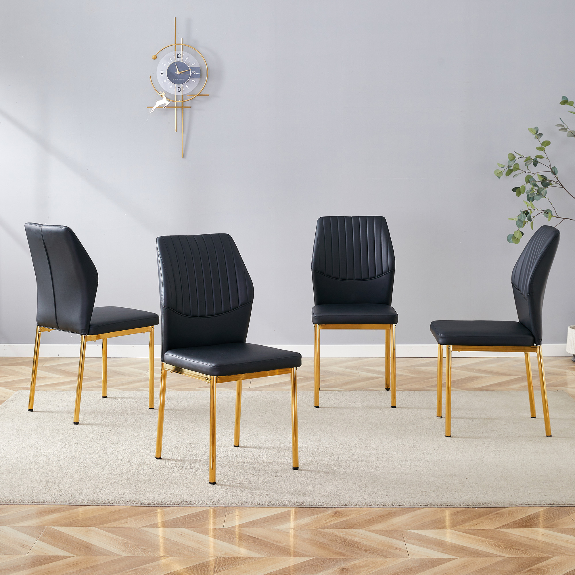 4-piece Set Of Black Gold Light Luxury PU Dining Chairs Ergonomic Backrest, 36.7 Inches High, Suitable For Multiple Scenarios.Set Of 4 BLACK PU Material High Resilience Dining Chairs.