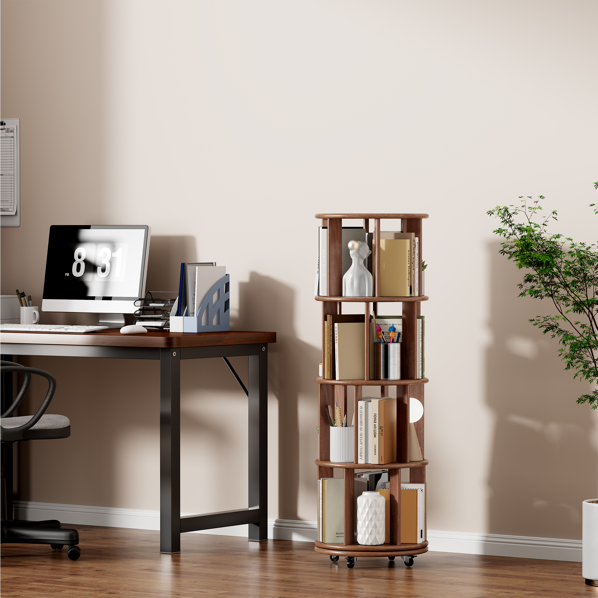 Solid Wood Rotating Bookshelf On Wheels, 4 Tier, Round Revolving Bookcase, 360 Spinning Book Shelf Tower For Kids, Narrow Rolling Bookshelves For Small Space, Corner, Bedroom, Office, Walnut