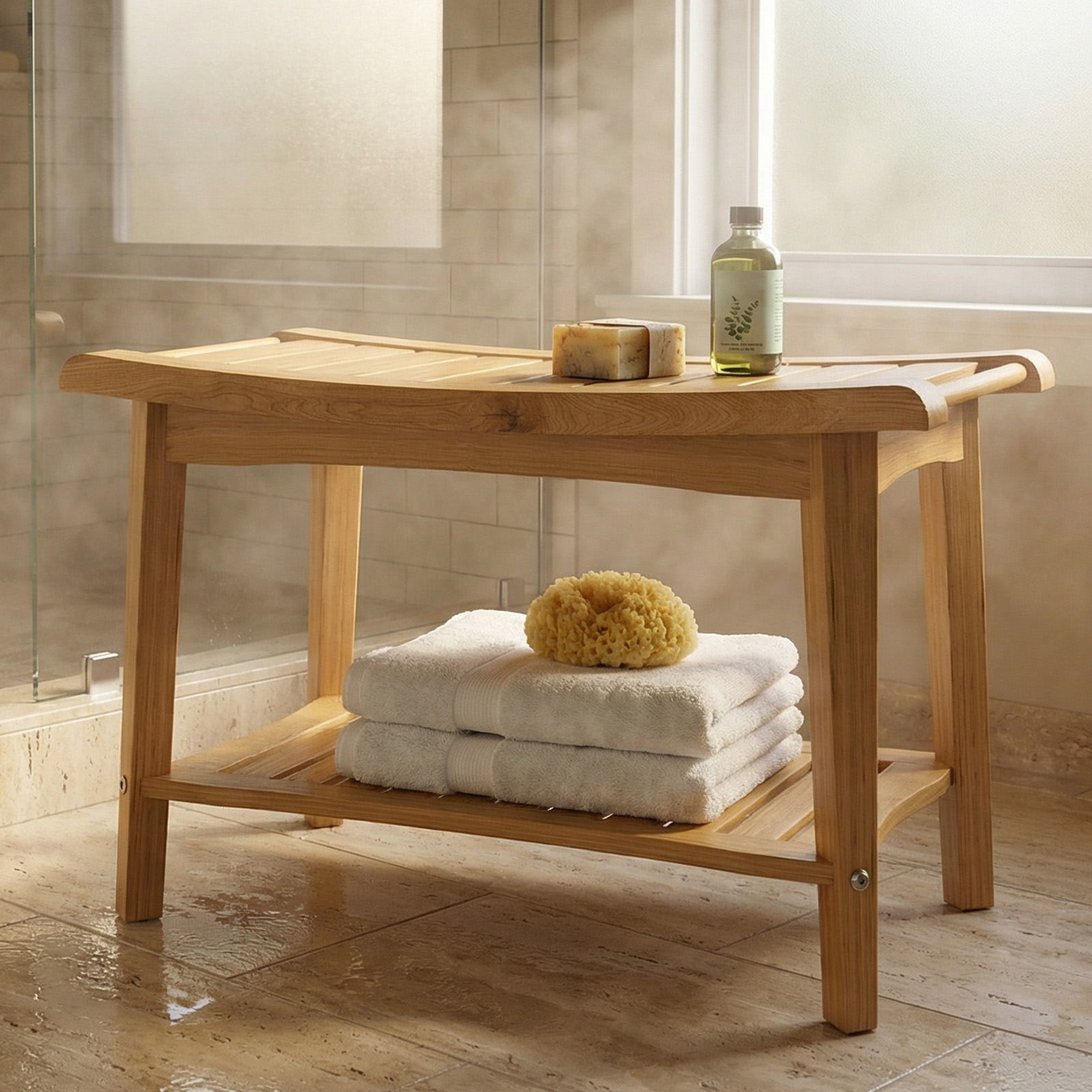 Shower Bench Wood Water Proof Ergonomic Shower Stool With Storage Shelf For Bathroom Spa Wood Color