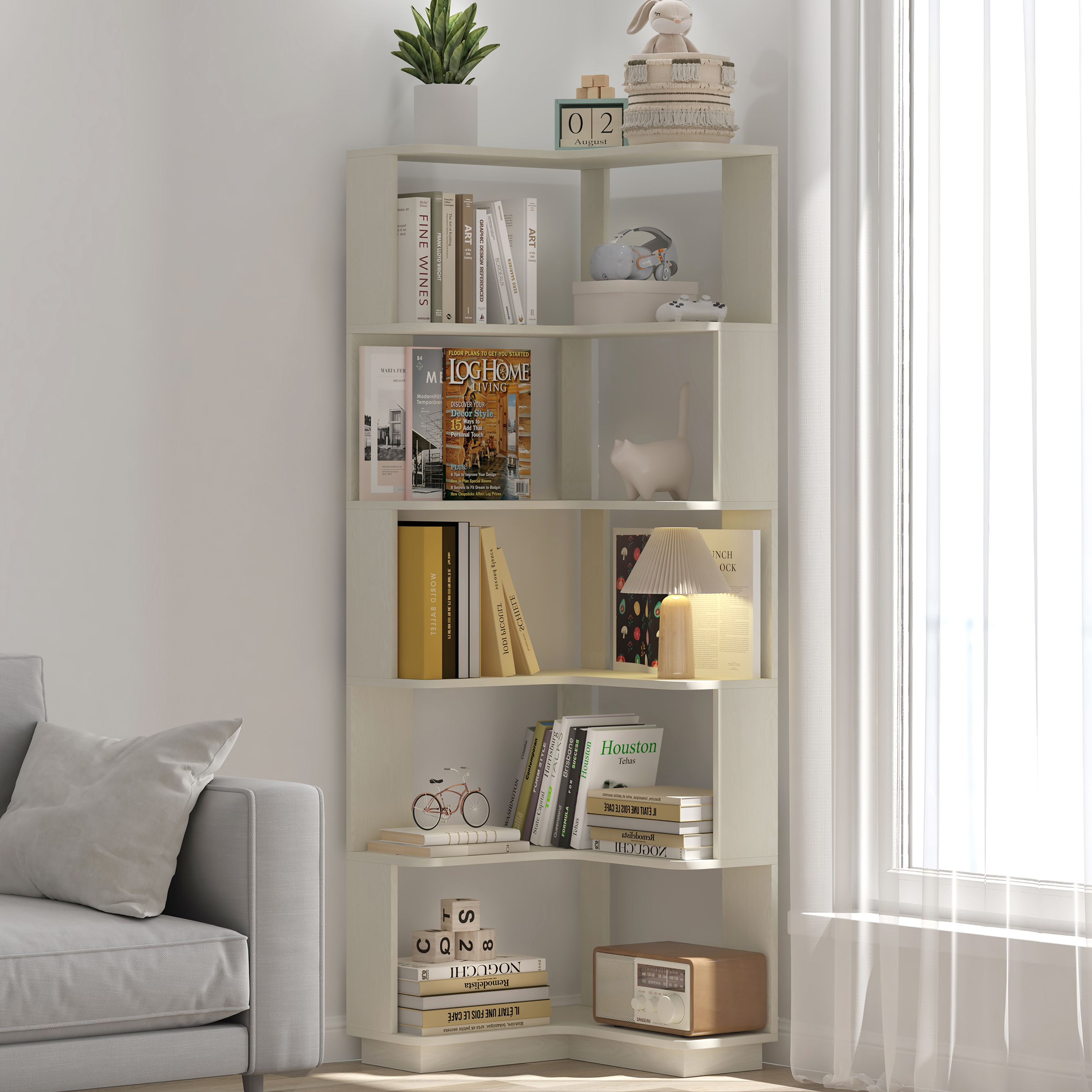 6 Tier Freestanding L-Shaped Corner Bookshelf For Living Room, Bedroom, Wooden Bookcase With Anti-drop Panle And Anti Tipping Device, Display Shelf Open Storage Rack Organizer For Home Office White
