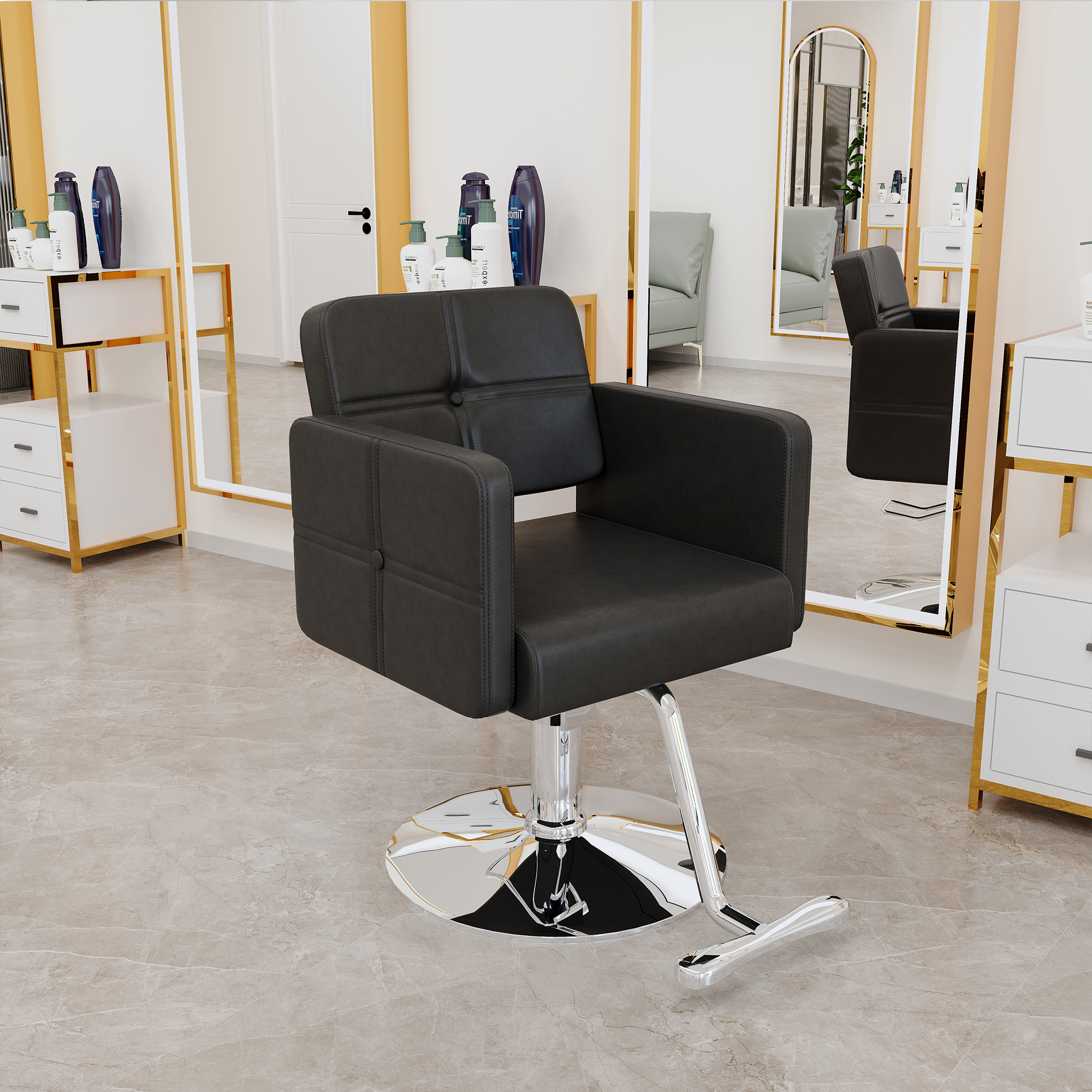 Fashionable Black Salon Style Chair With Silver Metal Support Legs - Ideal For Hair Salons And Beauty Salons, Adjustable And Rotatable, With A Single Chair Inside The Link.