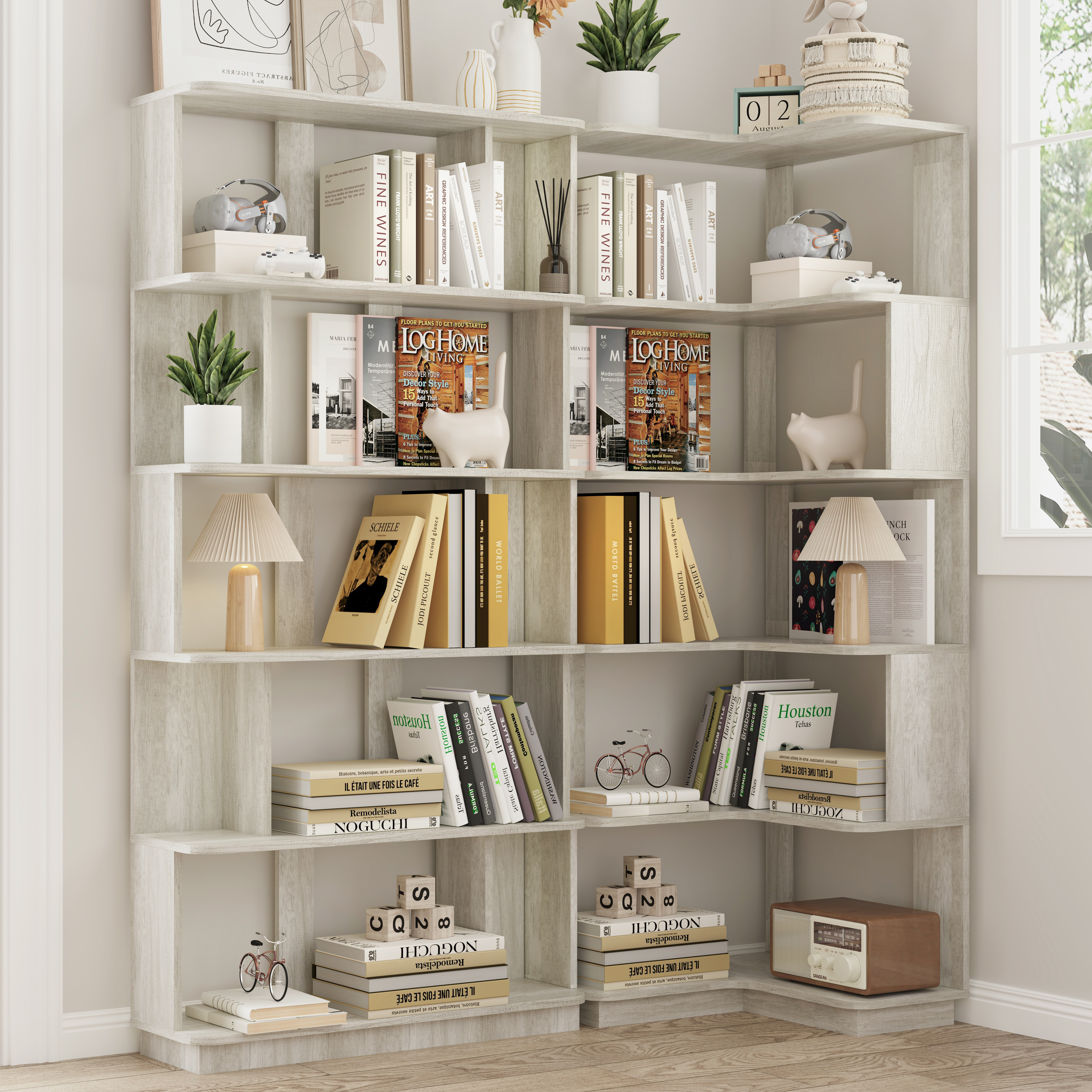 Set Of 2 Free Combination Bookcase Space Saving Corner Bookshelf 55cm Plus 80cm Length Light Grey Color And Other 4 Colors For Option, 2 Bookcases Group L Shaped Bookcase X 1    I Shaped Bookcase X 1