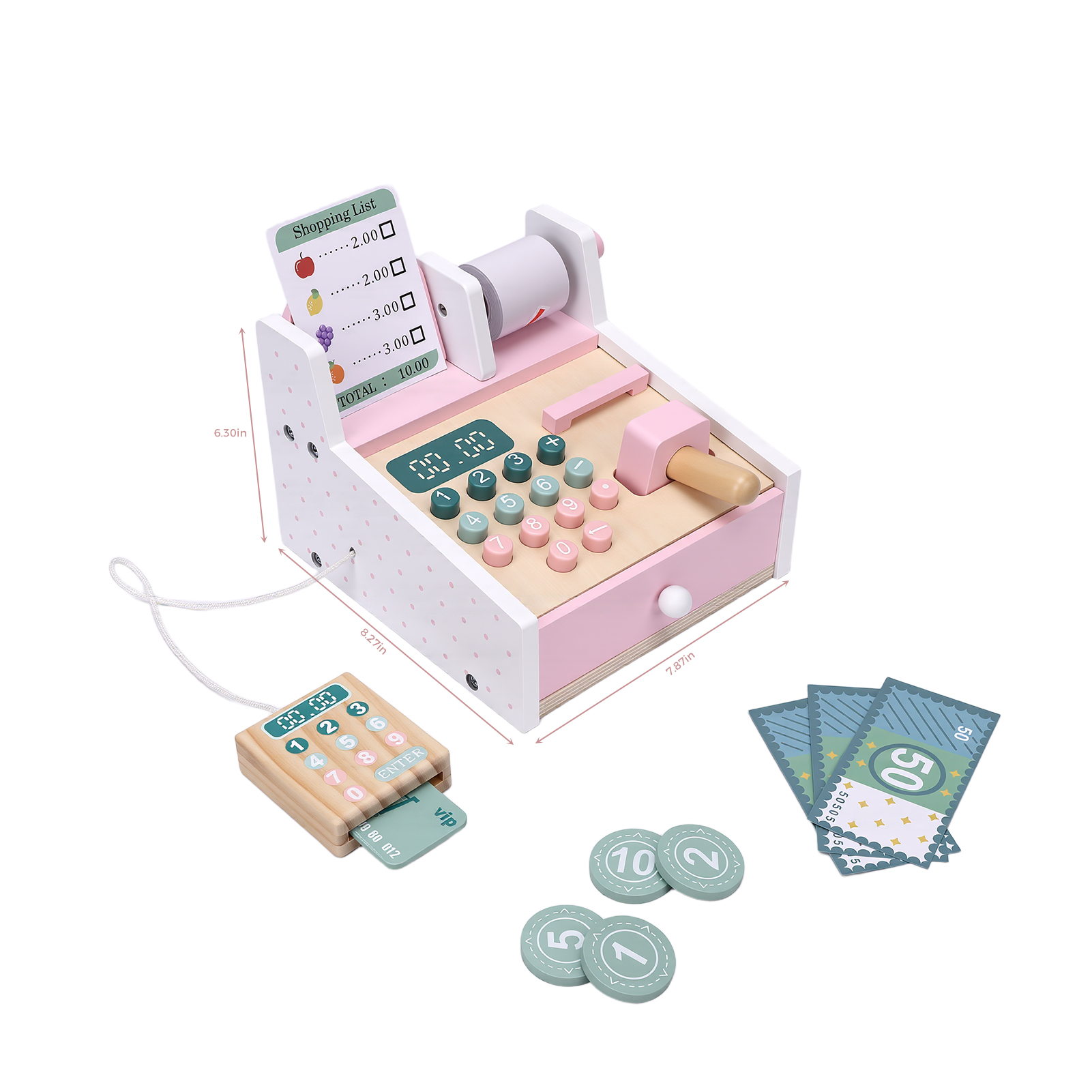 Wooden Toy Cash Register With Scanner Math Learning Role Play Cashier Game Set For Kids Pink