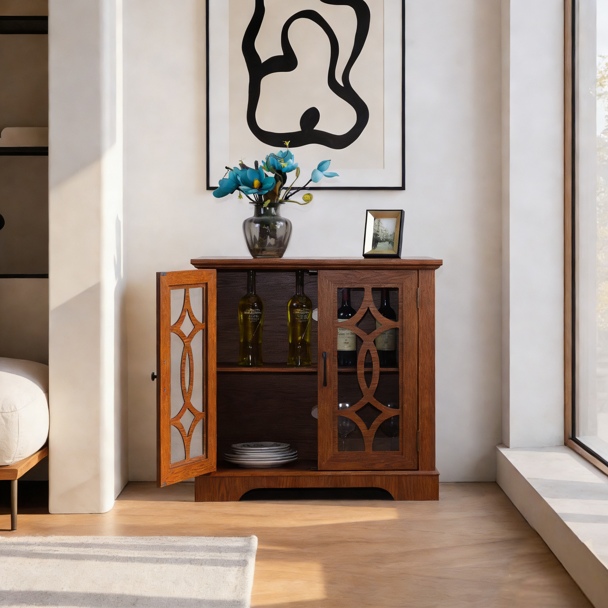 34.37X 15.55X 34.06in Spacious Size Sideboard 2 Clear Tempered Glass Doors Buffet With Adjustable Shelf, MDF With Dark OAK Decorative Laminates Storage Cabinet For Dinning Room, Kitchen,living Room