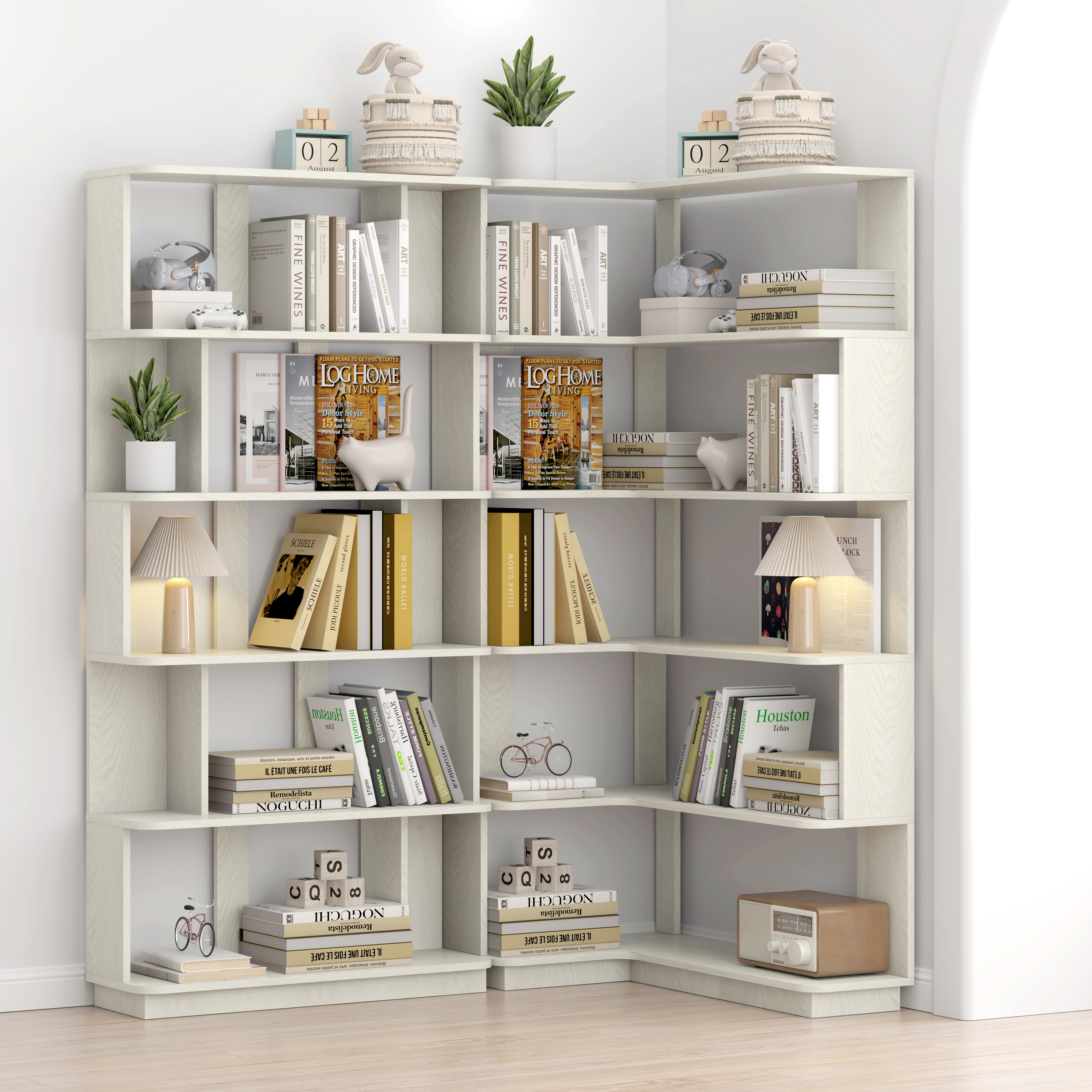 90 Cm Space Saving Corner Bookshelf    80 Cm Bookcase Extendable Free Combination, Set Of 2 Display Shelf, White OAK Color And Other 4 Colors For Option, Freely Combined And Matched Furniture