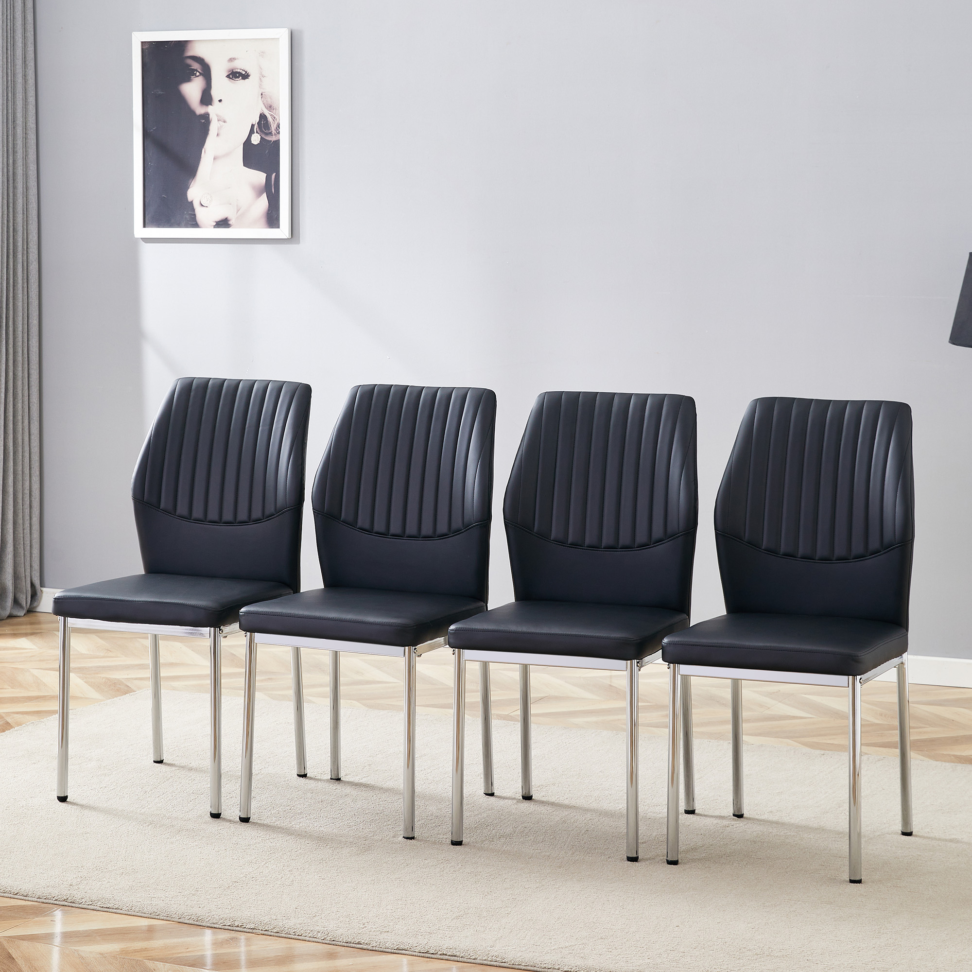 4-piece Set Of Black Silver Light Luxury PU Dining Chairs Ergonomic Backrest, 36.7 Inches High, Suitable For Multiple Scenarios.Set Of 4 BLACK PU Material High Resilience Dining Chairs