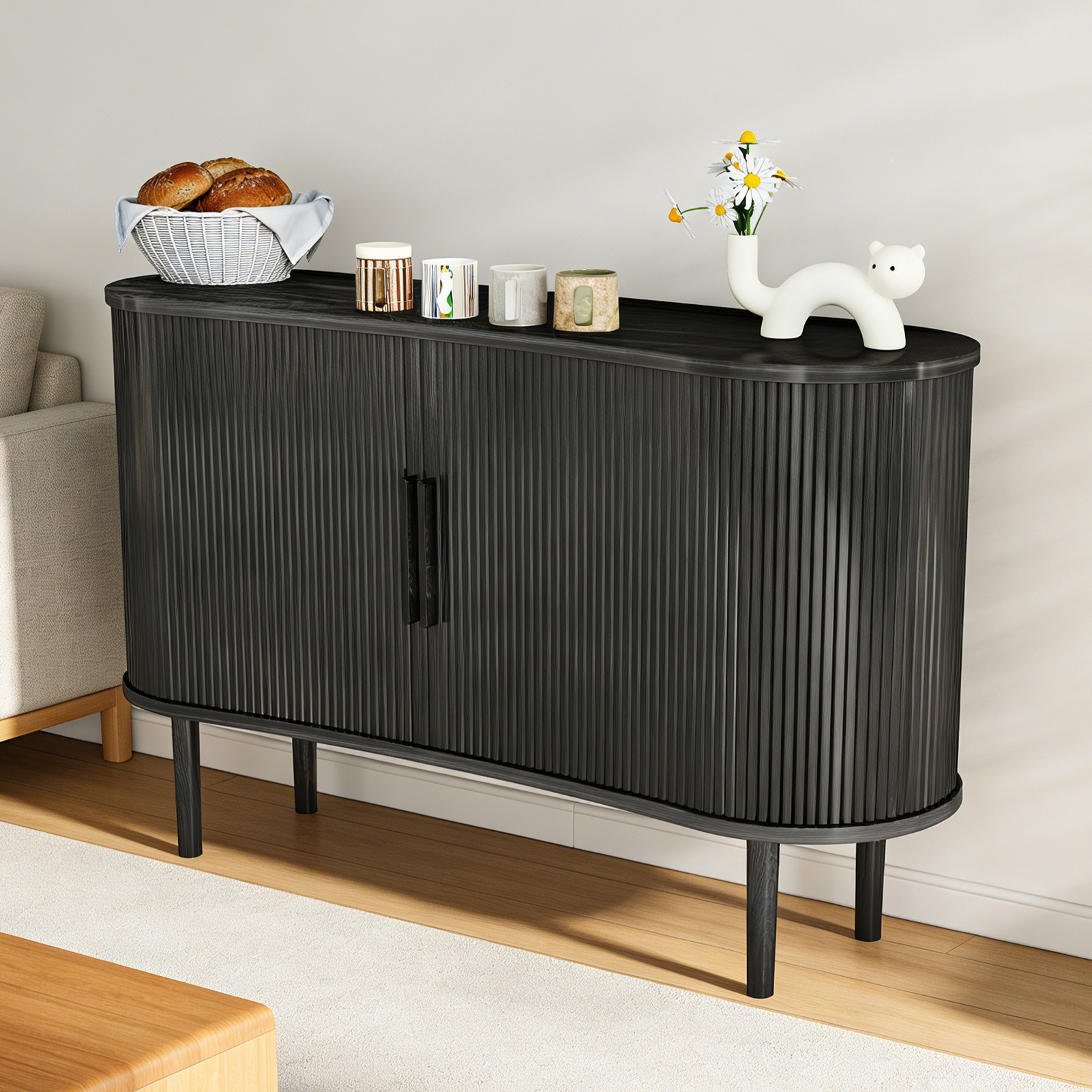 55in Storage Sideboard Modern Fluted Buffet Cabinet With Sliding Door And Solid Wood Legs For Kitchen Living Room Bedroom