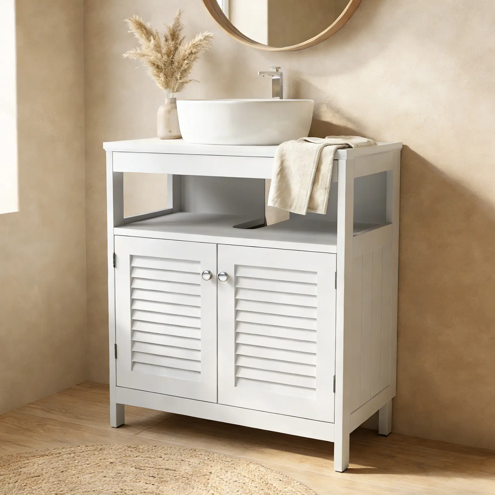 Wall Mounted Sink Plumbing Under Sink Storage Cabinet With 2 Doors Open Shelf U Shape Cut Out Wall Mounted Drainage Bathroom Under Sink Vanity For Toiletries Ma