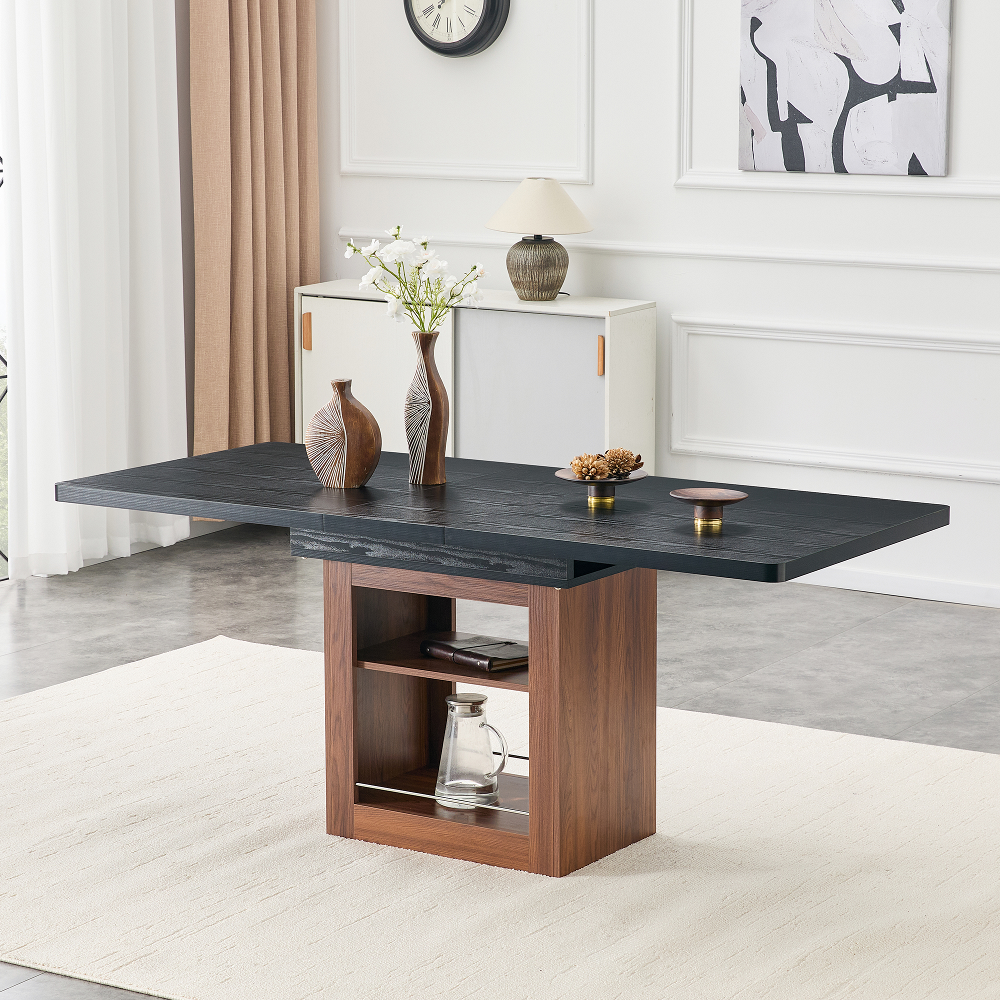 An Expandable Dining Table With Storage Space And A 59 Inch To 71 Inch Expandable Kitchen Dining Table. Black Rectangular Pull Table With Sturdy MDF Frame In Walnut Color,  Accommodating 4-8 People.