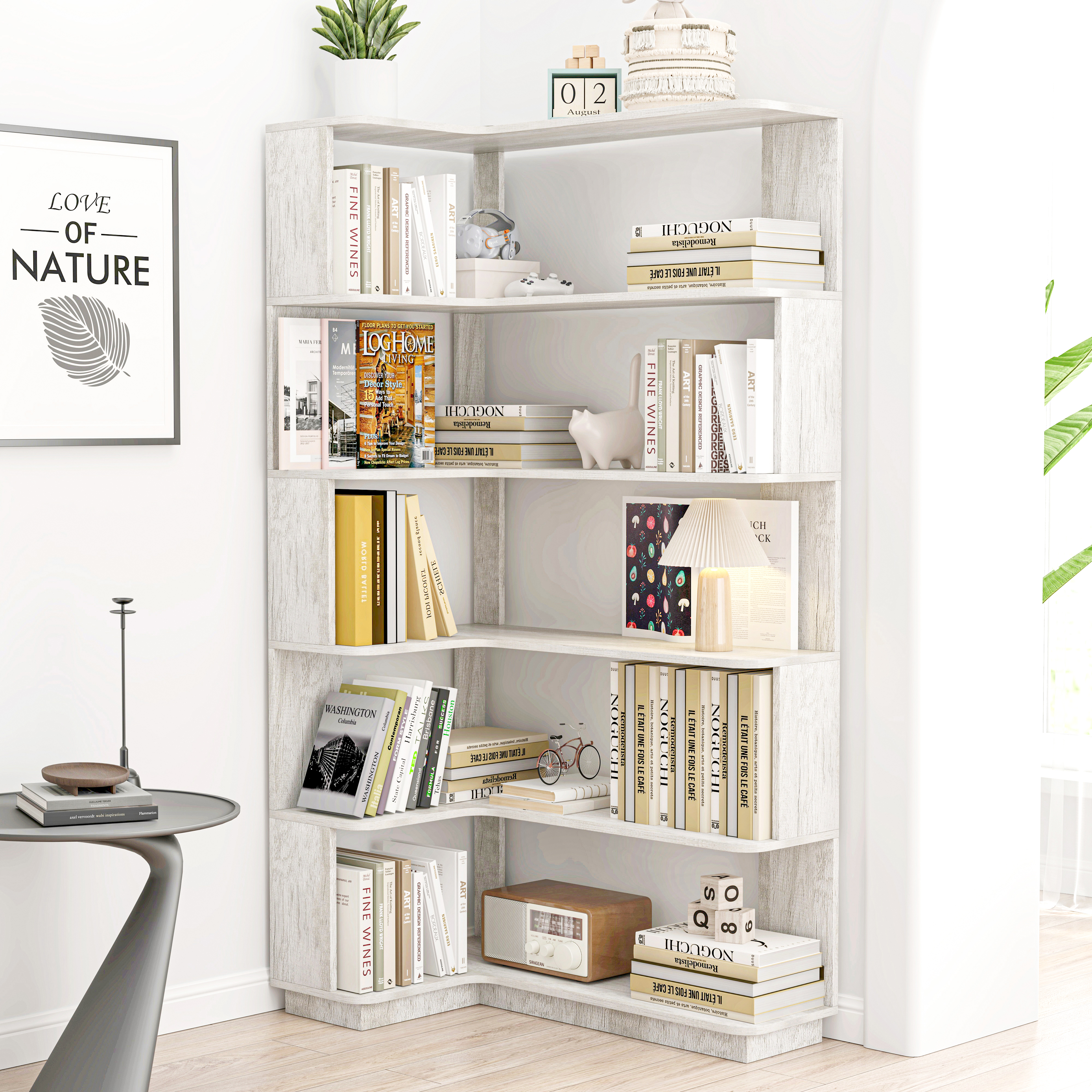 90cm 35.43 Extended Size 5-Tier Freestanding L-Shaped Corner Bookshelf For Living Room,Bedroom,home Office Wooden Bookcase With Anti-drop Panel And Anti Tipping Device,Display Shelf Open Storage