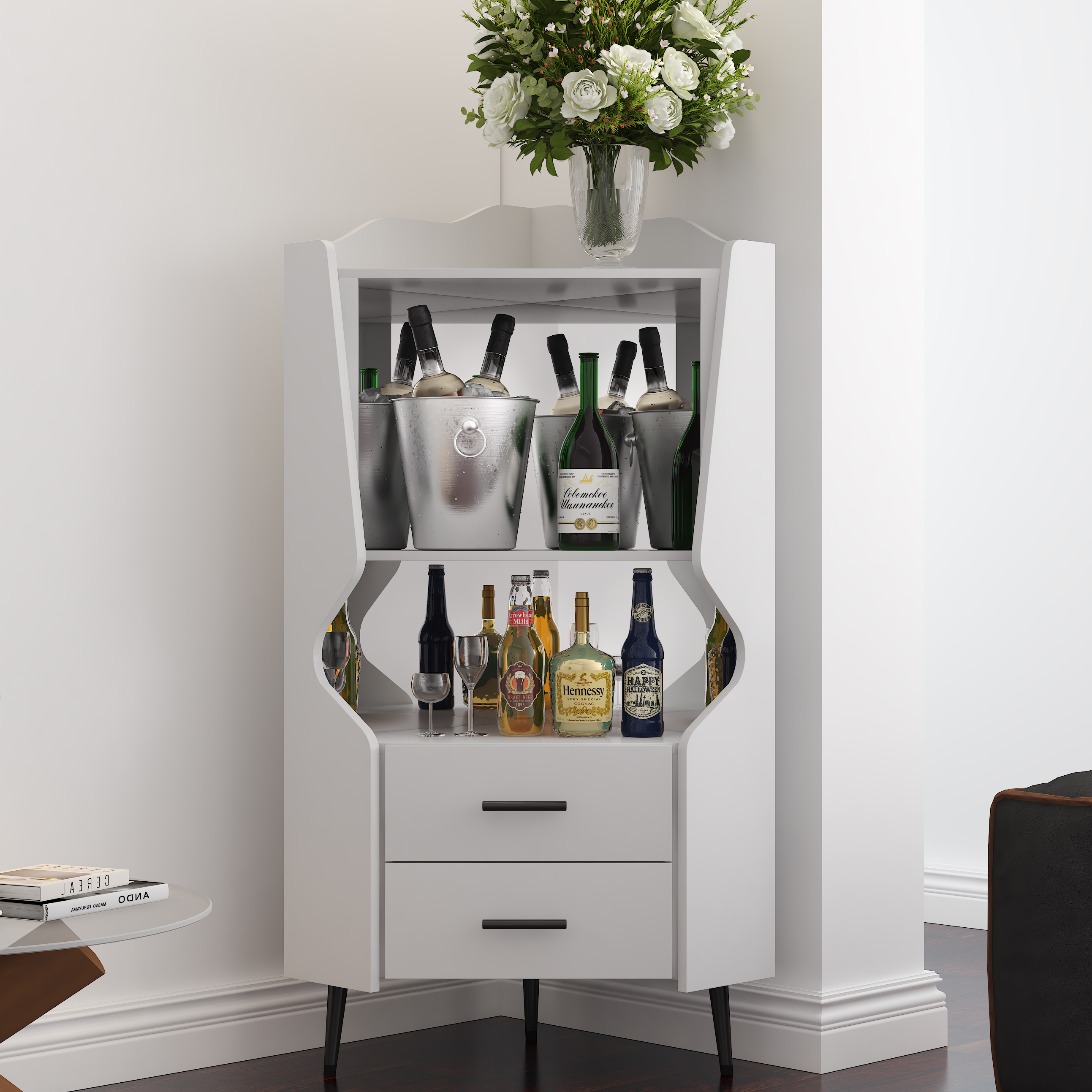 Wooden Corner Bar Cabinet With 2 Open Storage Shelves And 2 Drawers, Mirrored Back Sideboard Cabinet, High Feet Legs For Easy Cleaning, Buffet Cabinet WHITE