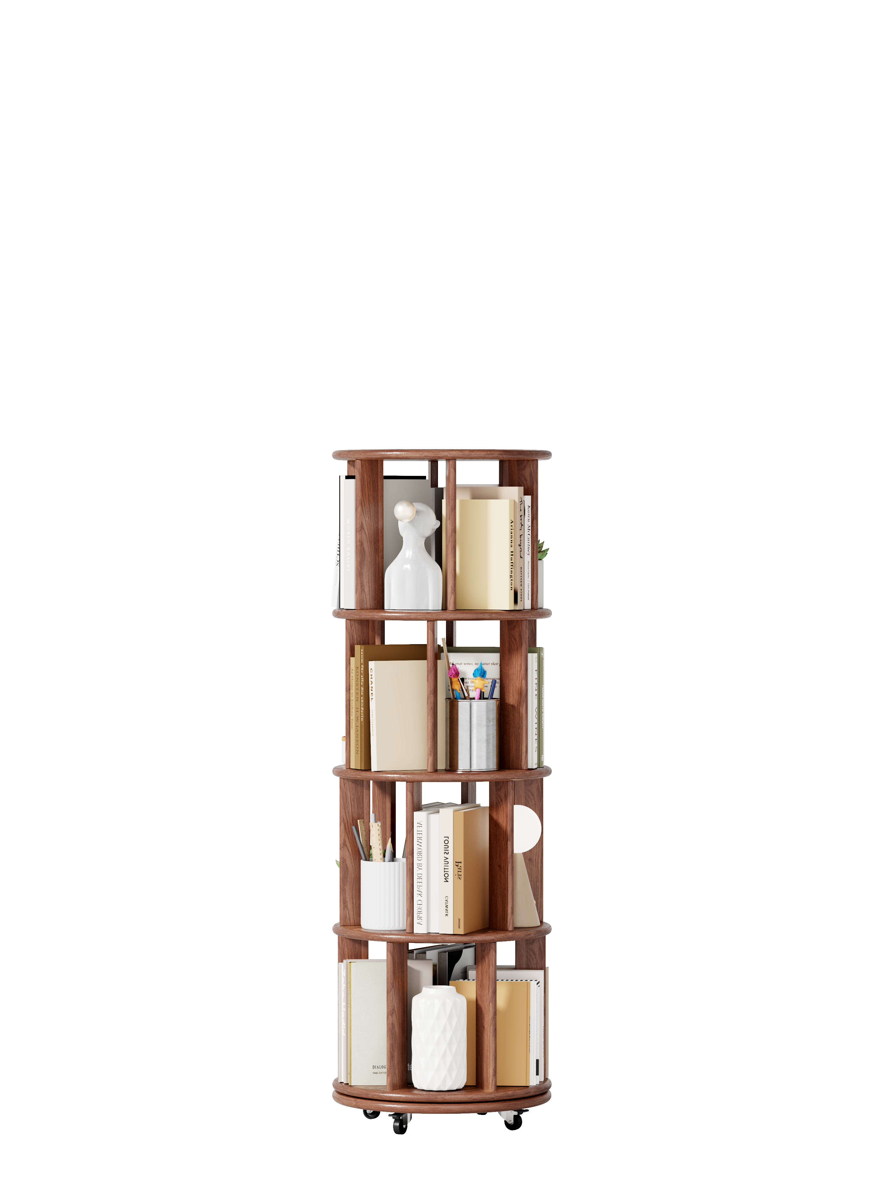 Solid Wood Rotating Bookshelf On Wheels, 4 Tier, Round Revolving Bookcase, 360 Spinning Book Shelf Tower For Kids, Narrow Rolling Bookshelves For Small Space, Corner, Bedroom, Office, Walnut