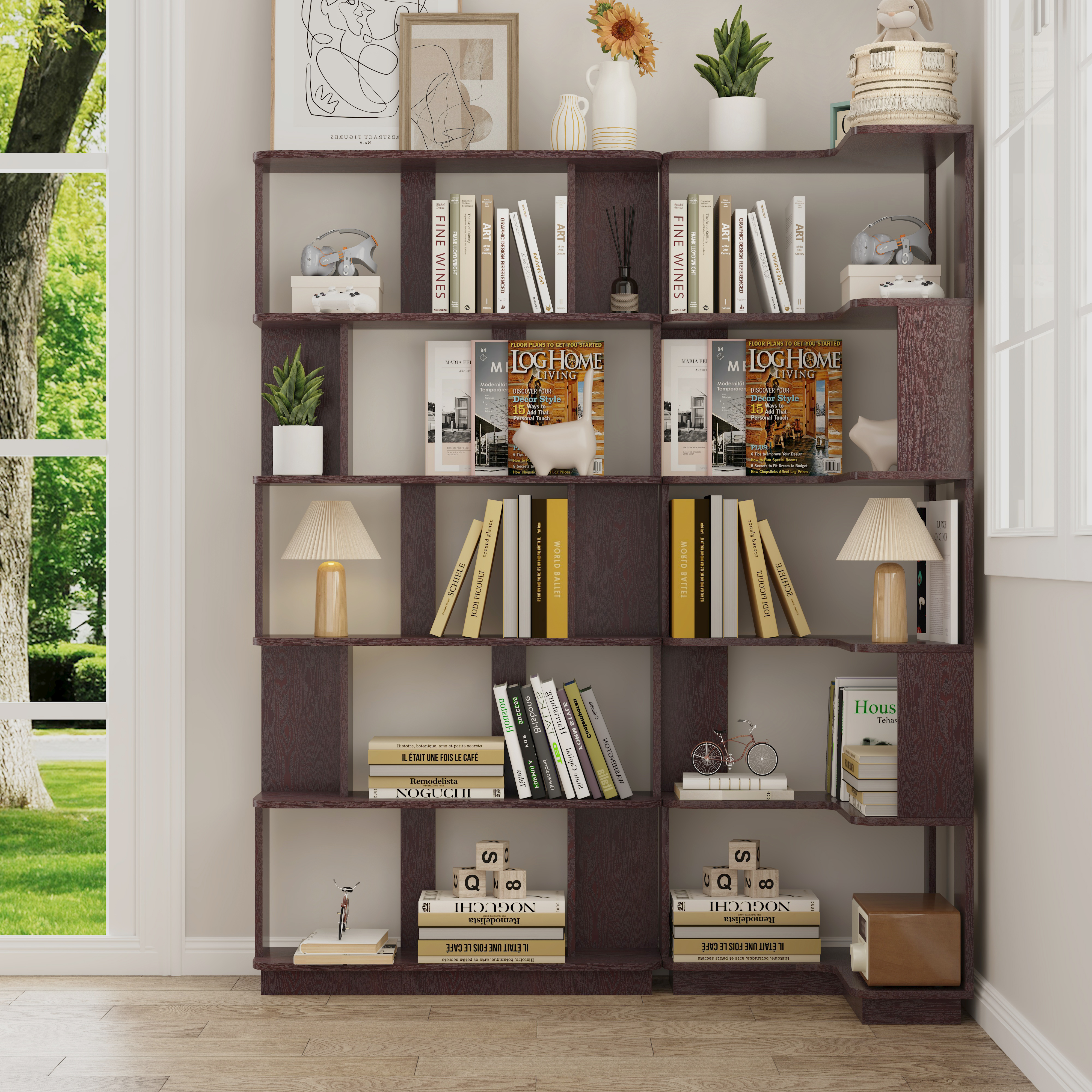 Set Of 2 Free Combination Bookcase Space Saving Corner Bookshelf 55cm Plus 80cm Length Dark Red Ox Blood Red Color And Other 4 Colors For Option