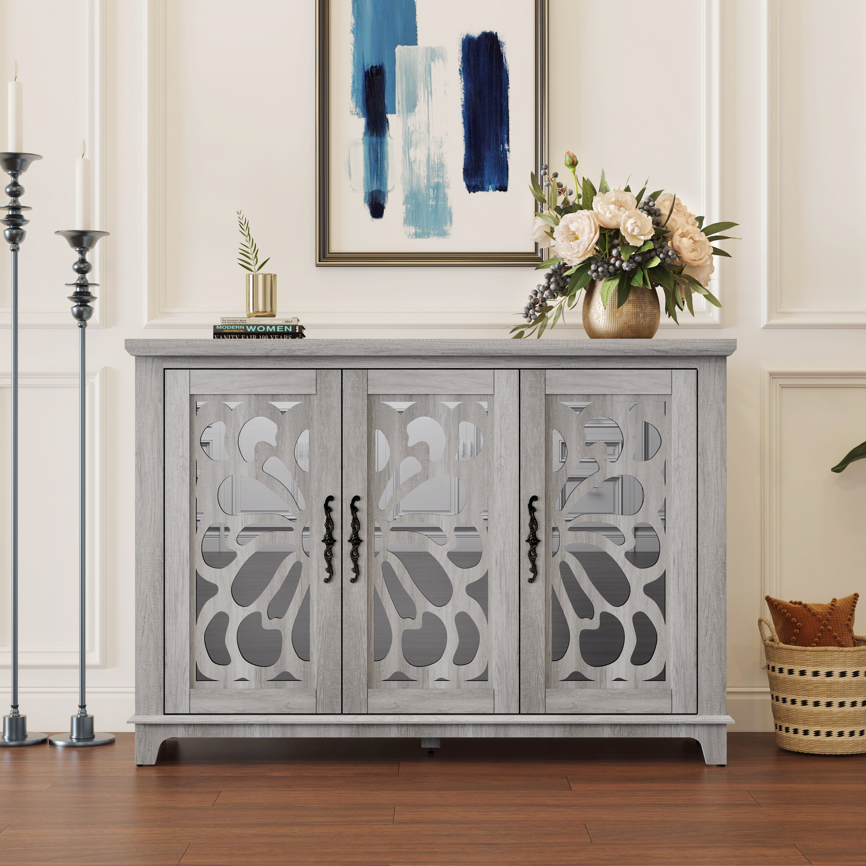 49.33  X 15.55in Spacious Size Countertop Sideboard With 3 Mirrored Doors Adjustable Shelves Buffet Cabinet, Storage Cabinet For Living Room, Bedroom, Dinning Room, Kitchen, Hallway Closet