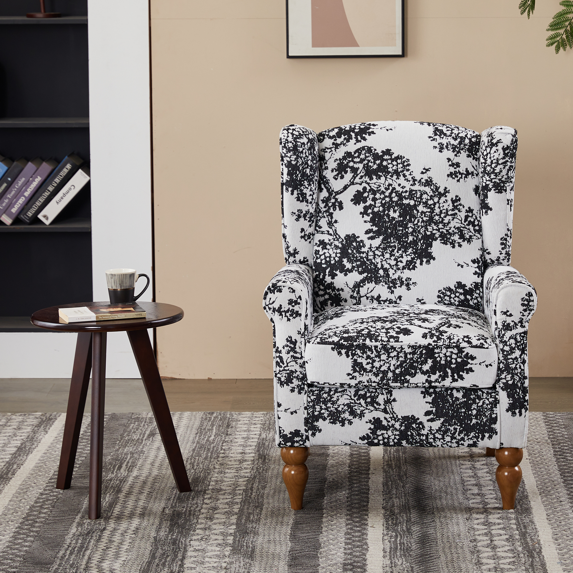 Coffee Table & Armchair Set,Vintage Luxury Style,a High-back Reading Chair  Antique White Gray &a Solid Wood Coffee Table Walnut-Tone,suitable For Living Rooms And Bedroom Relaxation Areas