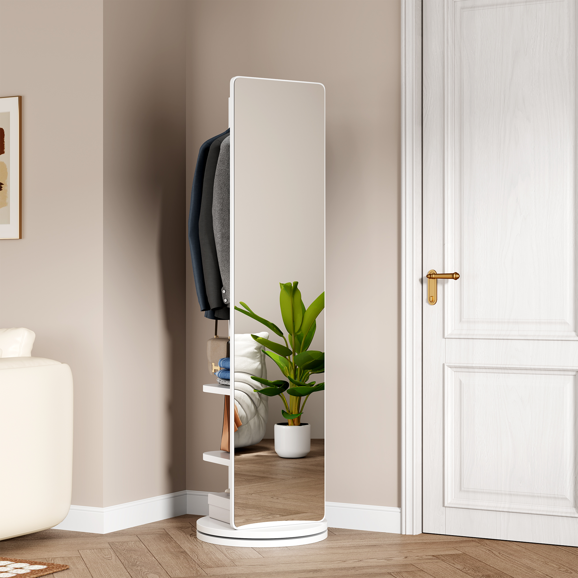 360  Rotating 69x20 Multifunctional Full Length Mirror With Hook Storage Rack Coat Rack With Mirror Solid Wood Floor Mirror Bedroom Living Room Cloakroom Space Saving   White