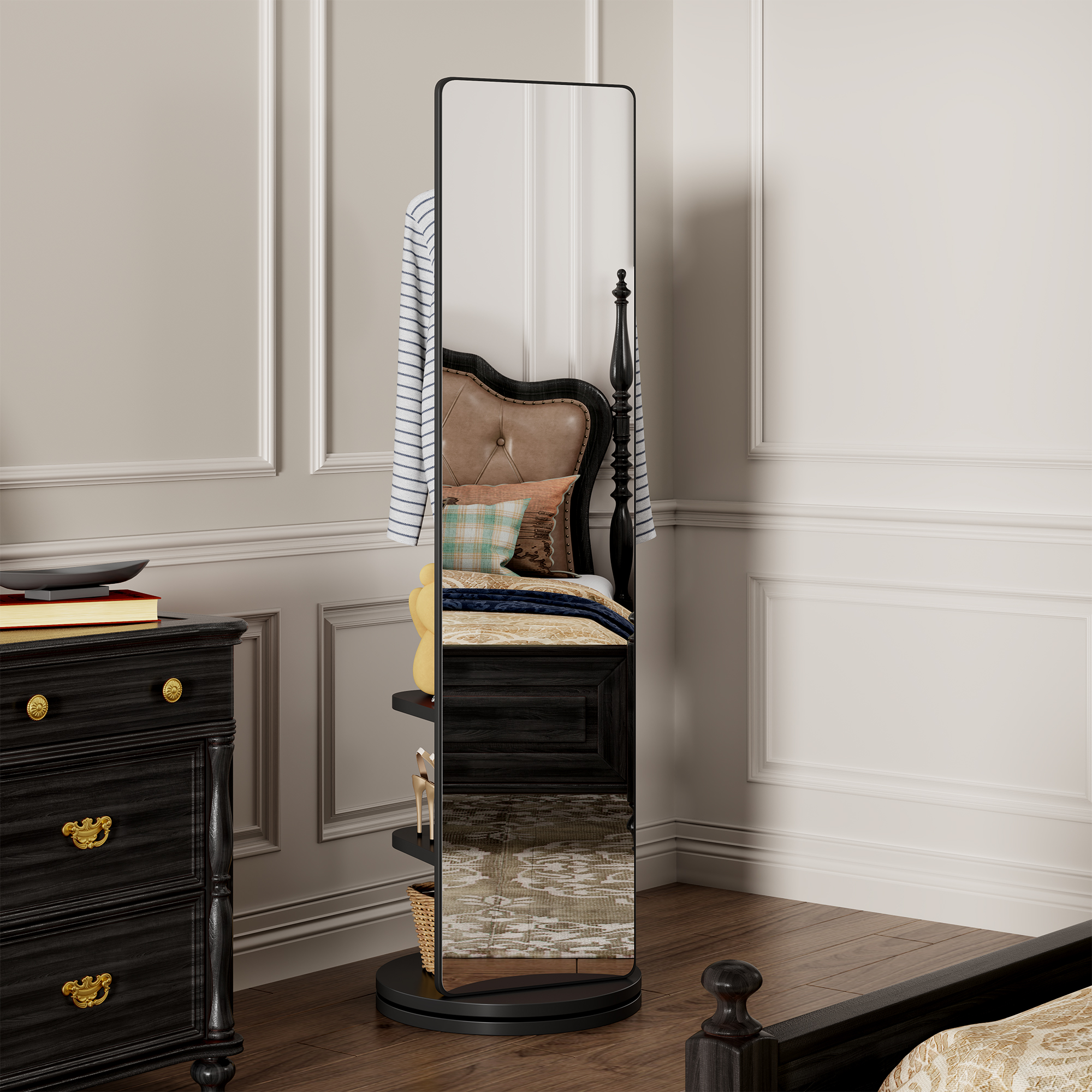 360 Rotating 69x20in Multifunctional Full Length Mirror With Hook Storage Rack Coat Rack With Mirror Solid Wood Floor Mirror Bedroom Living Room Cloakroom Space Saving   Black