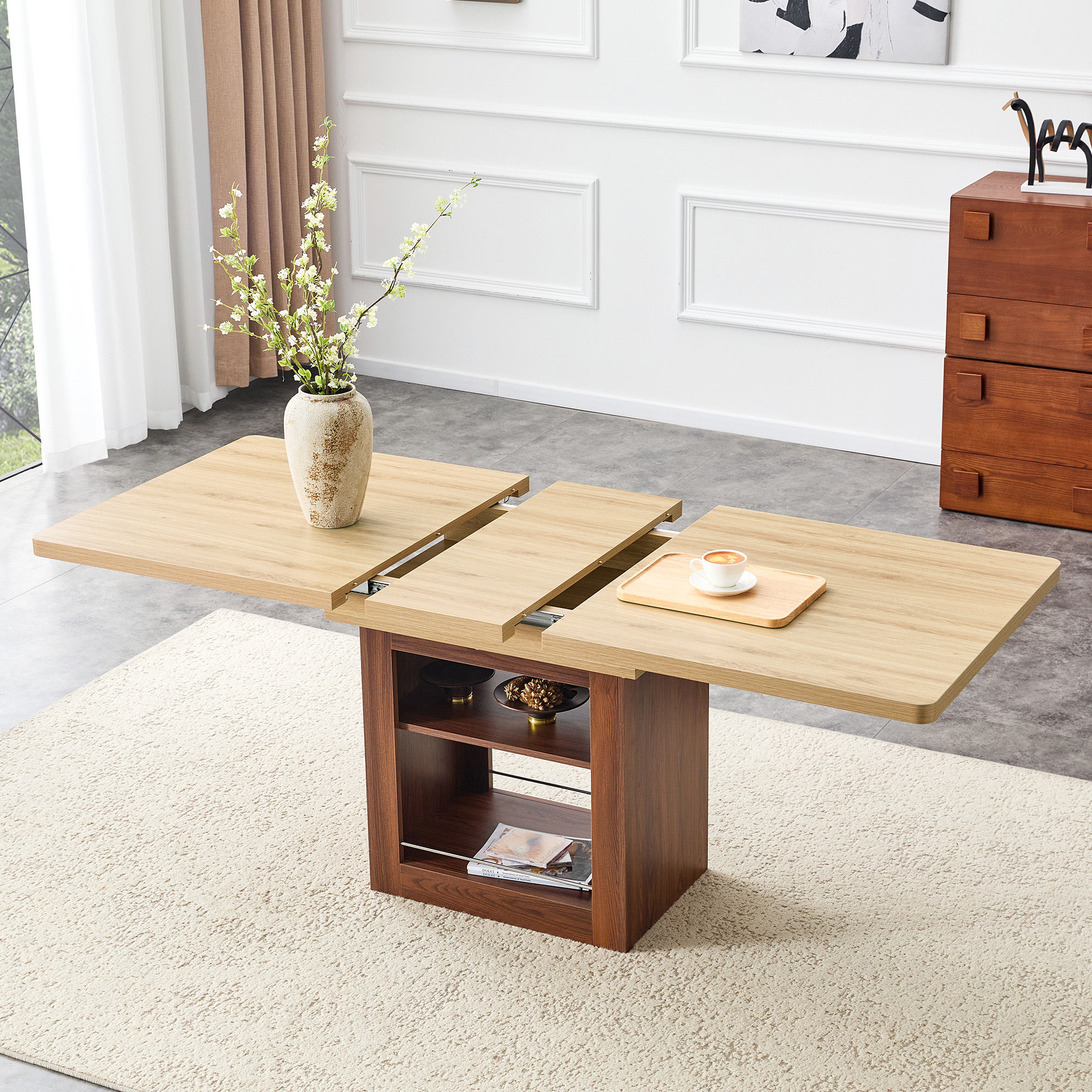 An Expandable Dining Table With Storage Space, A 59 Inch To 71 Inch Expandable Kitchen Dining Table. Wood Color Rectangular Pull Table With Sturdy MDF Frame In Walnut Color,  Accommodating 4-8 People.