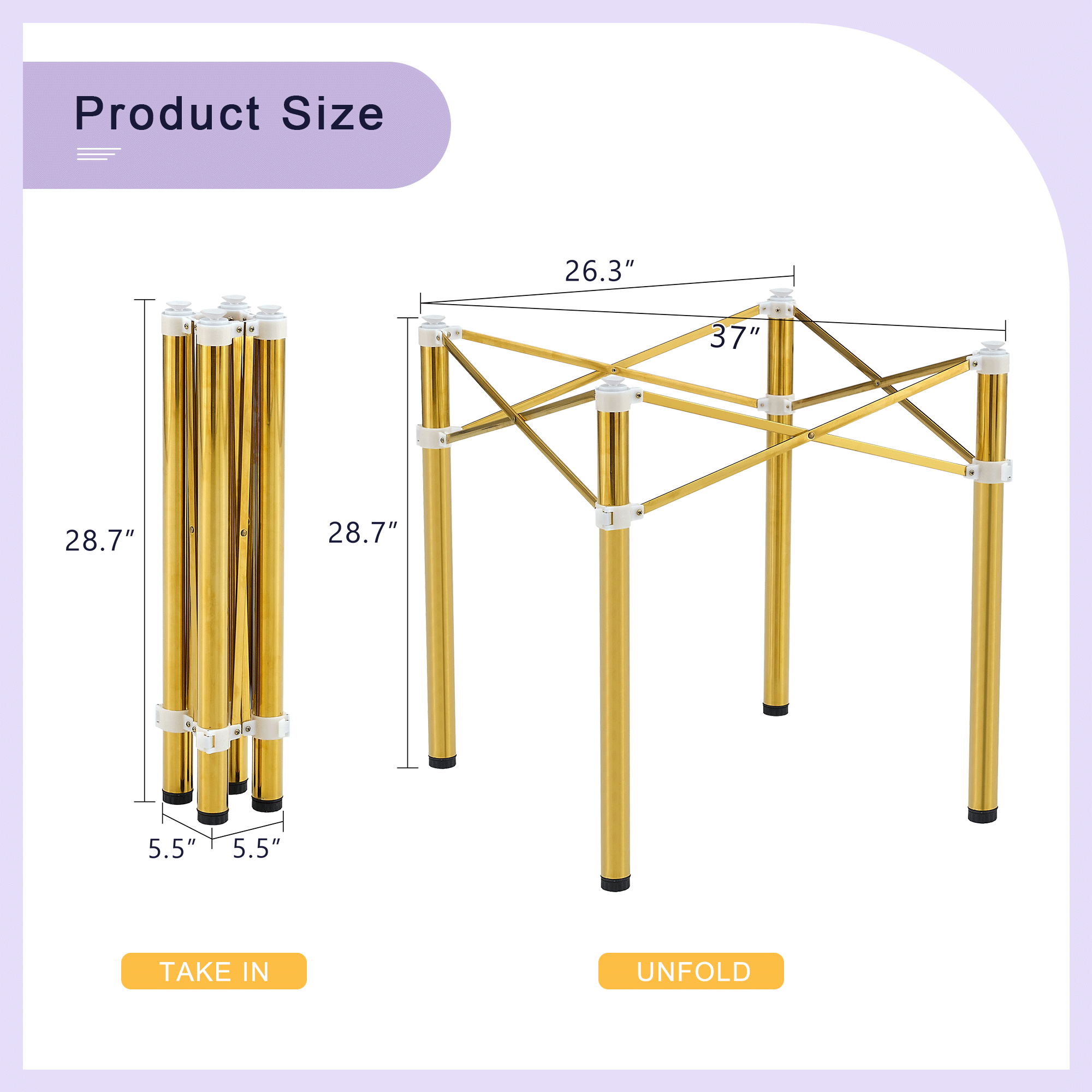 Only Table Leg.Simple Golden Stainless Steel Folding Table Frame - Multifunctional, Space-Saving.Folding Table Frame,Golden Stainless Steel Material,5.5x5.5x28.7 26.3x26.3x28.7 Inch.