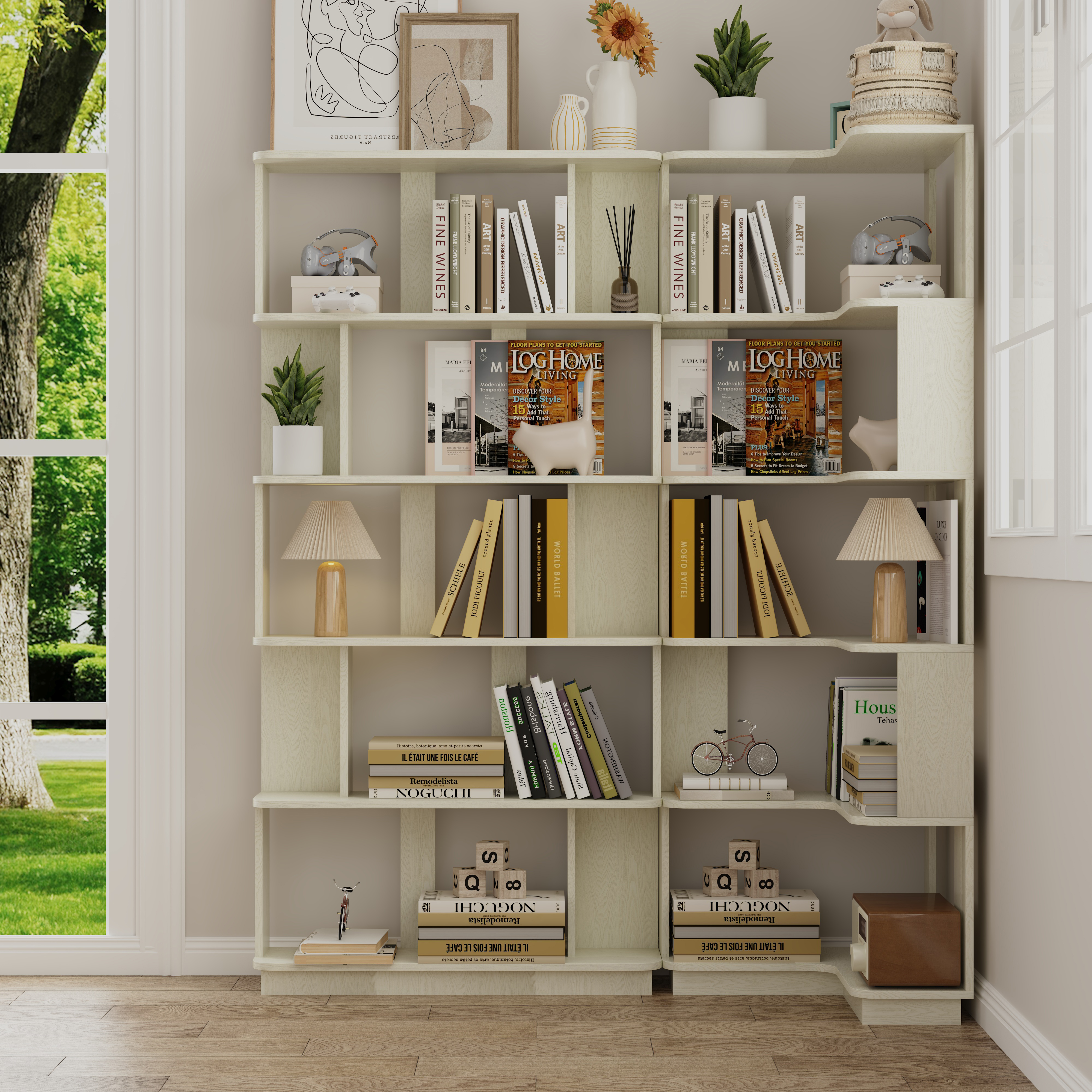 Set Of 2 Free Combination Bookcase Space Saving Corner Bookshelf 55cm Plus 80cm Length White OAK Color And Other 4 Colors For Option, 2 Bookcases Group L Shaped Bookcase X 1    I Shaped Bookcase X 1