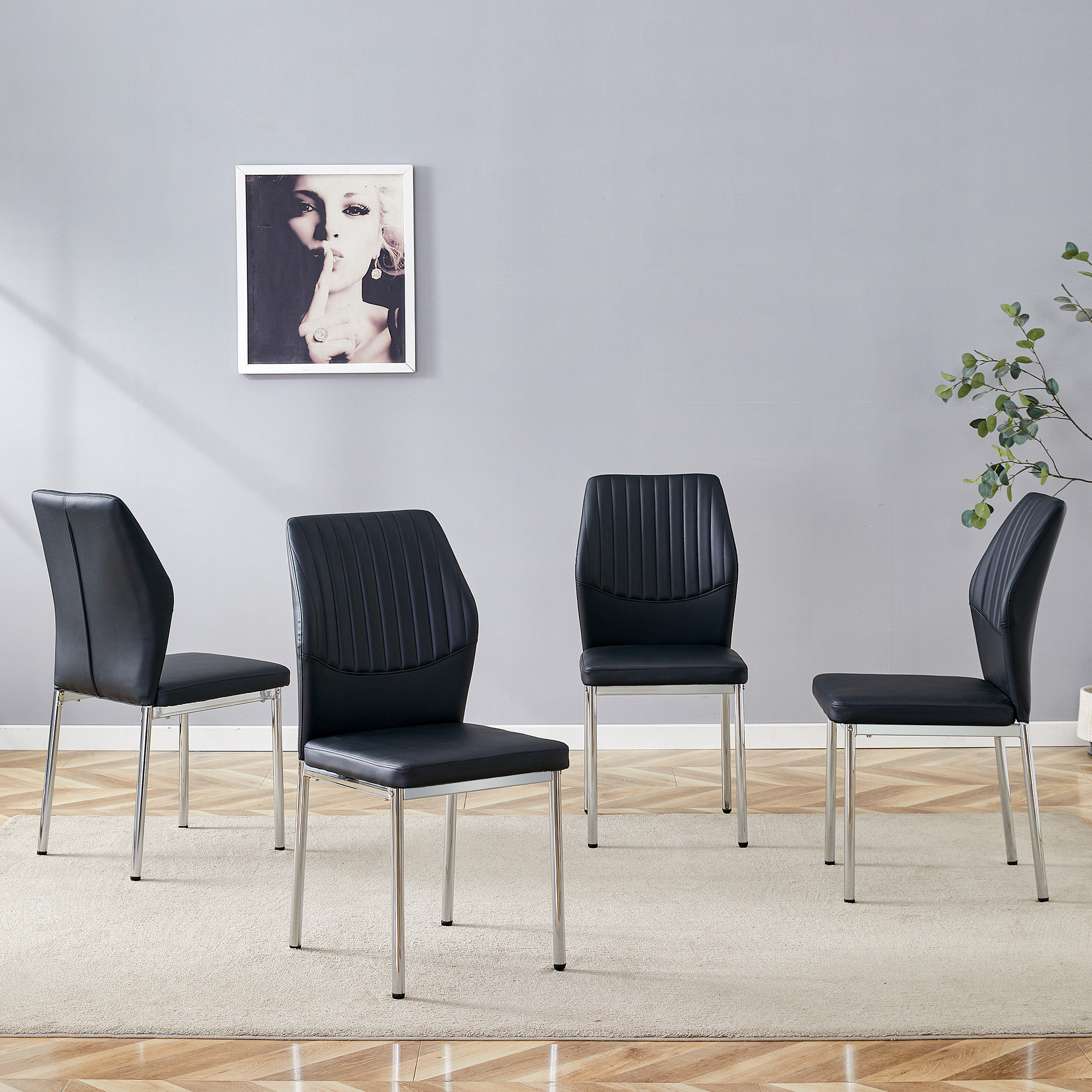 4-piece Set Of Black Silver Light Luxury PU Dining Chairs Ergonomic Backrest, 36.7 Inches High, Suitable For Multiple Scenarios.Set Of 4 BLACK PU Material High Resilience Dining Chairs