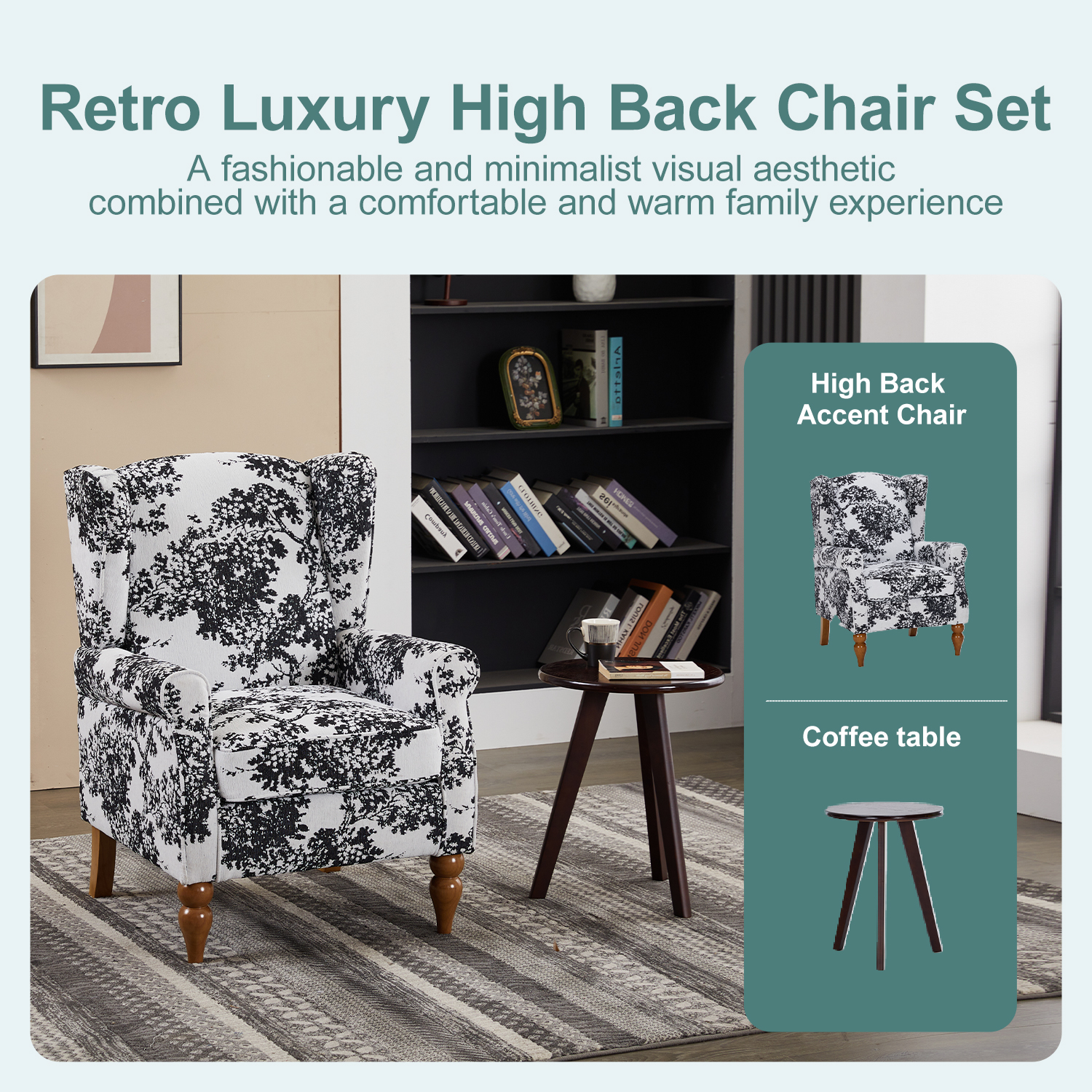 Coffee Table & Armchair Set,Vintage Luxury Style,a High-back Reading Chair  Antique White Gray &a Solid Wood Coffee Table Walnut-Tone,suitable For Living Rooms And Bedroom Relaxation Areas