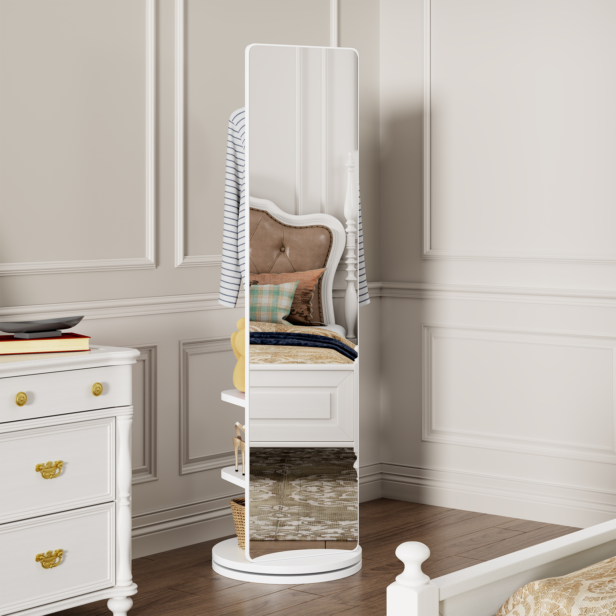 360  Rotating 69x20 Multifunctional Full Length Mirror With Hook Storage Rack Coat Rack With Mirror Solid Wood Floor Mirror Bedroom Living Room Cloakroom Space Saving   White