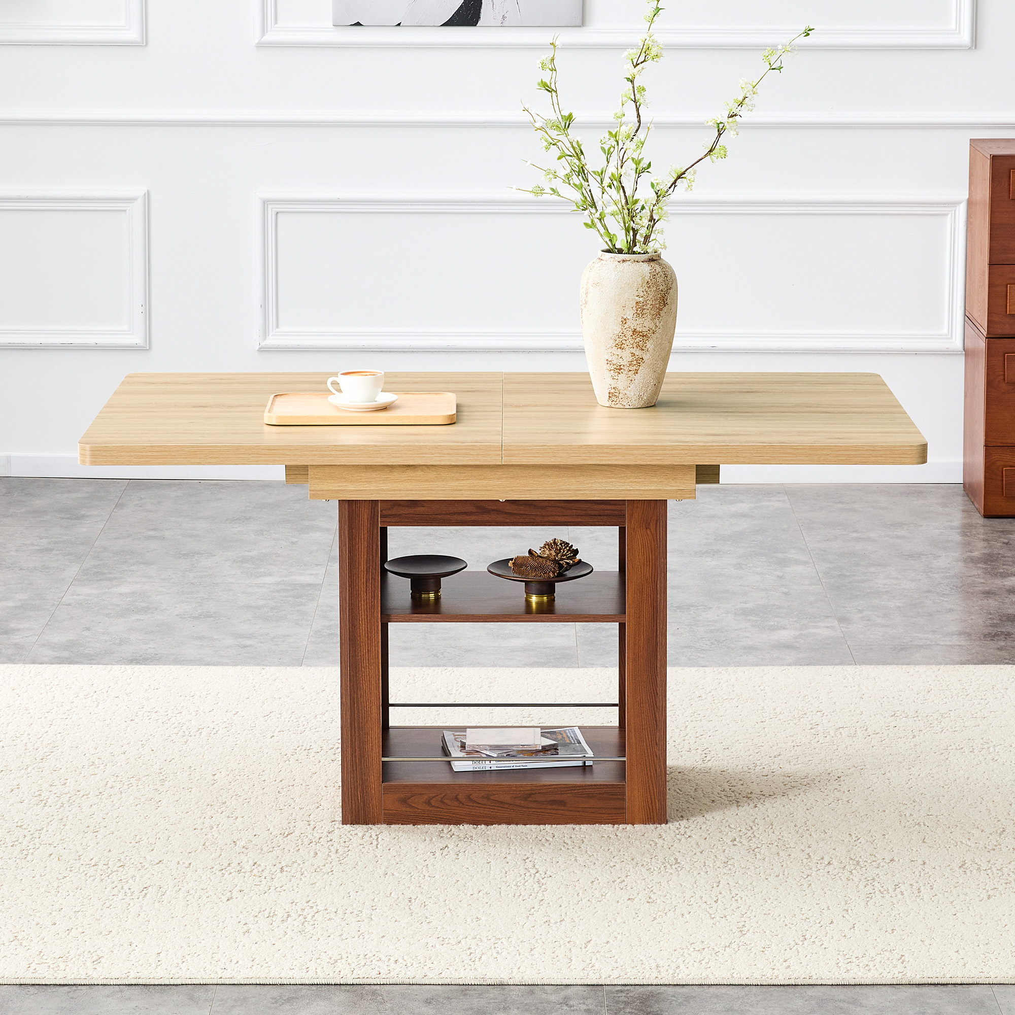 An Expandable Dining Table With Storage Space, A 59 Inch To 71 Inch Expandable Kitchen Dining Table. Wood Color Rectangular Pull Table With Sturdy MDF Frame In Walnut Color,  Accommodating 4-8 People.