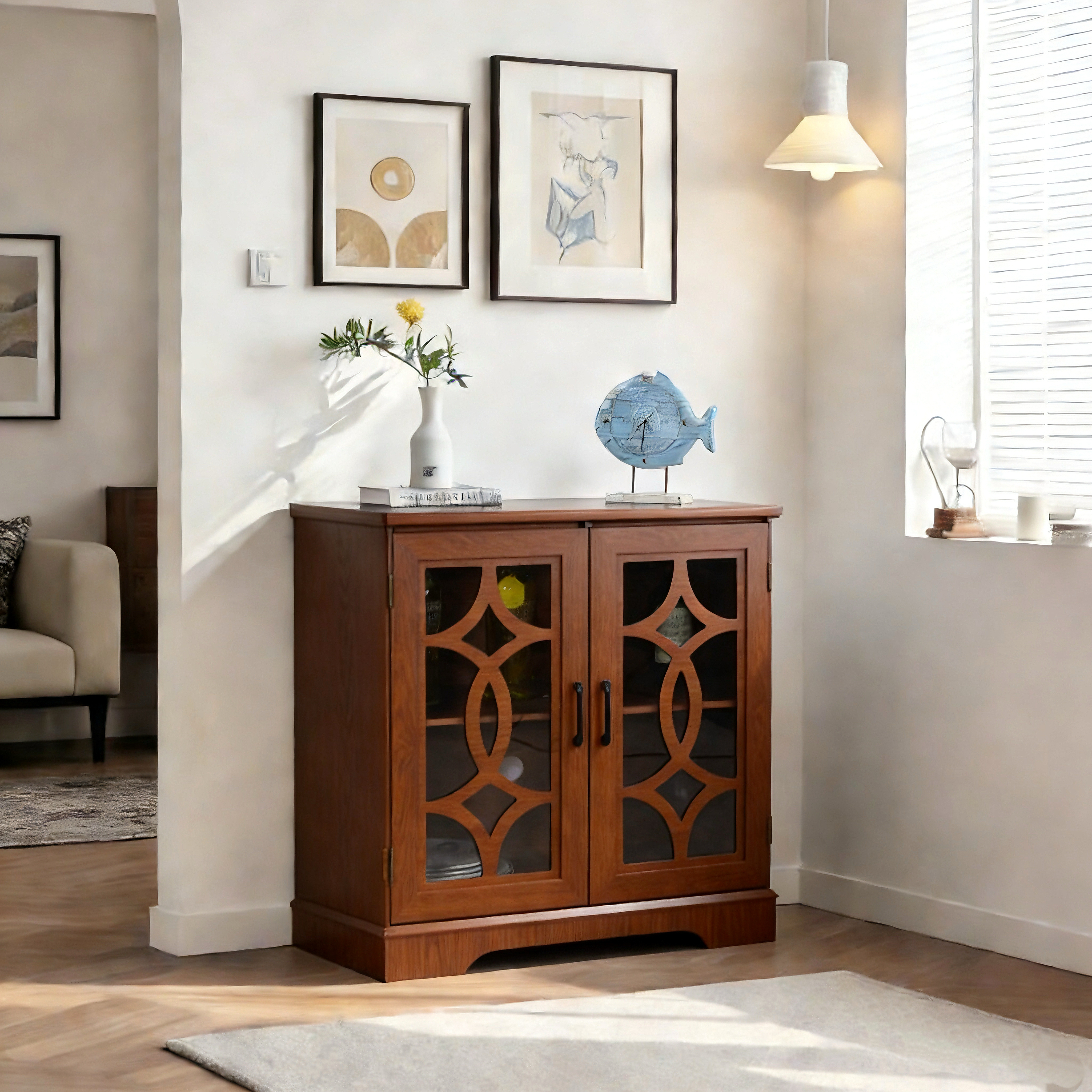 34.37X 15.55X 34.06in Spacious Size Sideboard 2 Clear Tempered Glass Doors Buffet With Adjustable Shelf, MDF With Dark OAK Decorative Laminates Storage Cabinet For Dinning Room, Kitchen,living Room