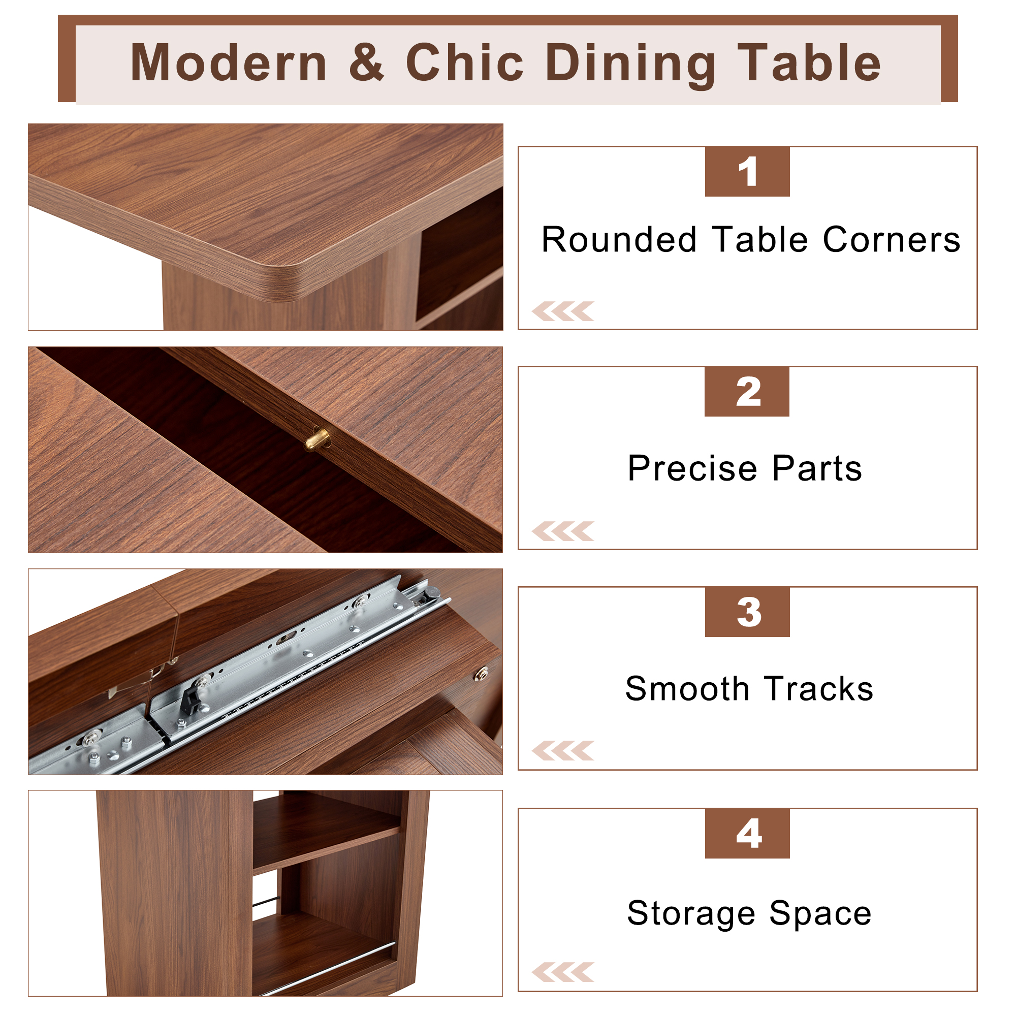 An Expandable Dining Table With Storage Space ,59 Inch To 71 Inch Expandable Kitchen Dining Table. Walnut Rectangular Pull Table With Sturdy MDF Frame In Walnut Color,  Accommodating 4-8 People.