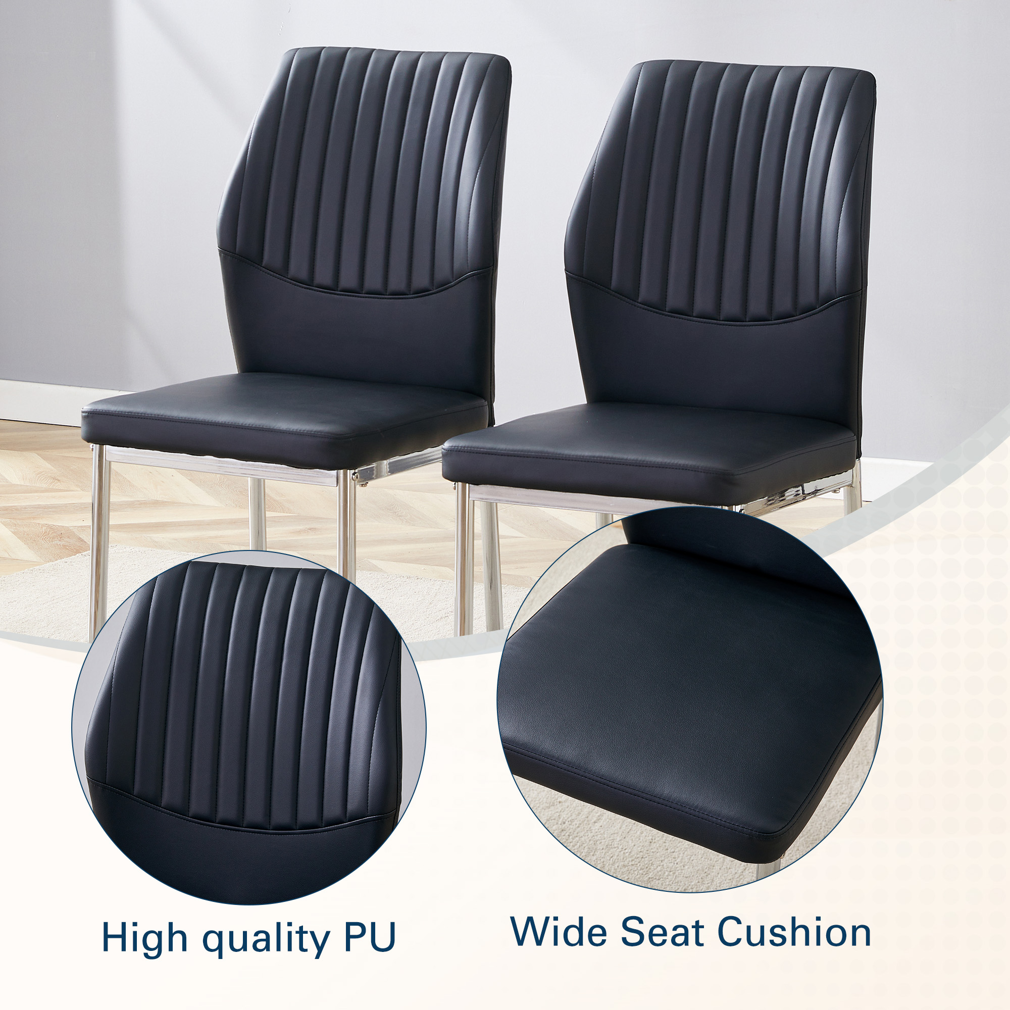 4-piece Set Of Black Silver Light Luxury PU Dining Chairs Ergonomic Backrest, 36.7 Inches High, Suitable For Multiple Scenarios.Set Of 4 BLACK PU Material High Resilience Dining Chairs