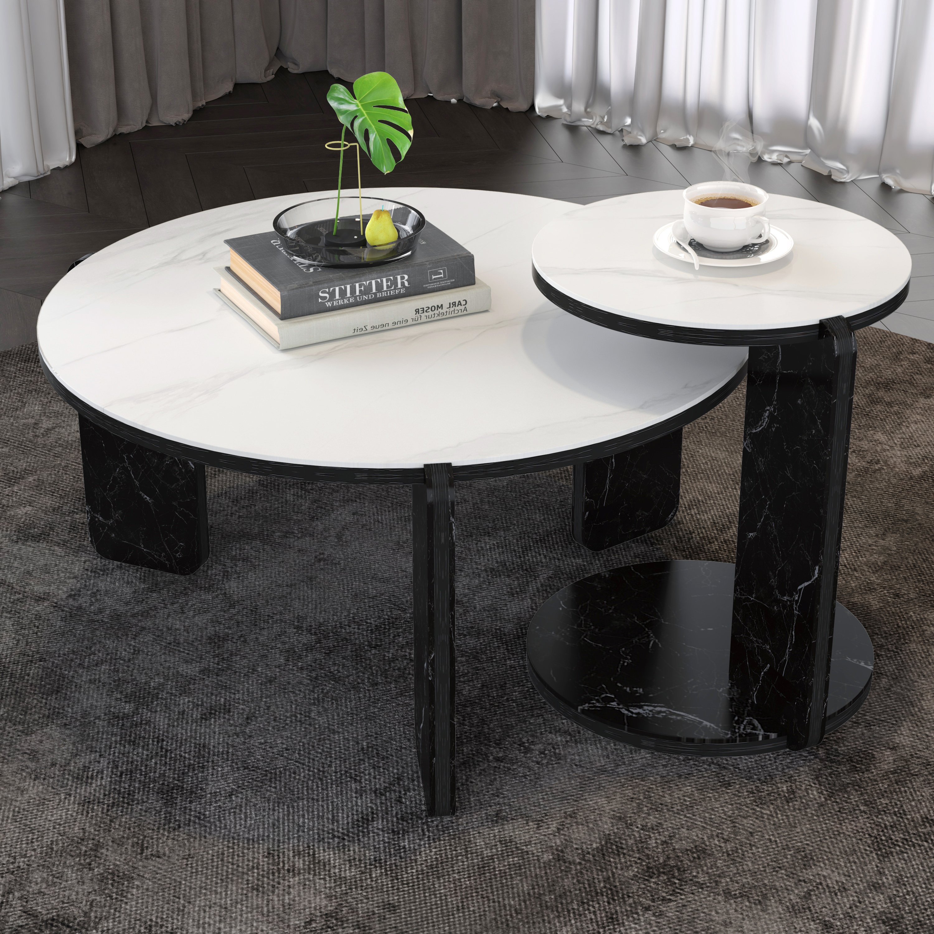 Set Of 2 Round Nesting Coffee Table For Small Place,living Room End Table With White Sintered Stone Top, 32.68 16.93 Diameter Side Table Night Stand For Bed Room Dining Room,83 43cm Sofa Table