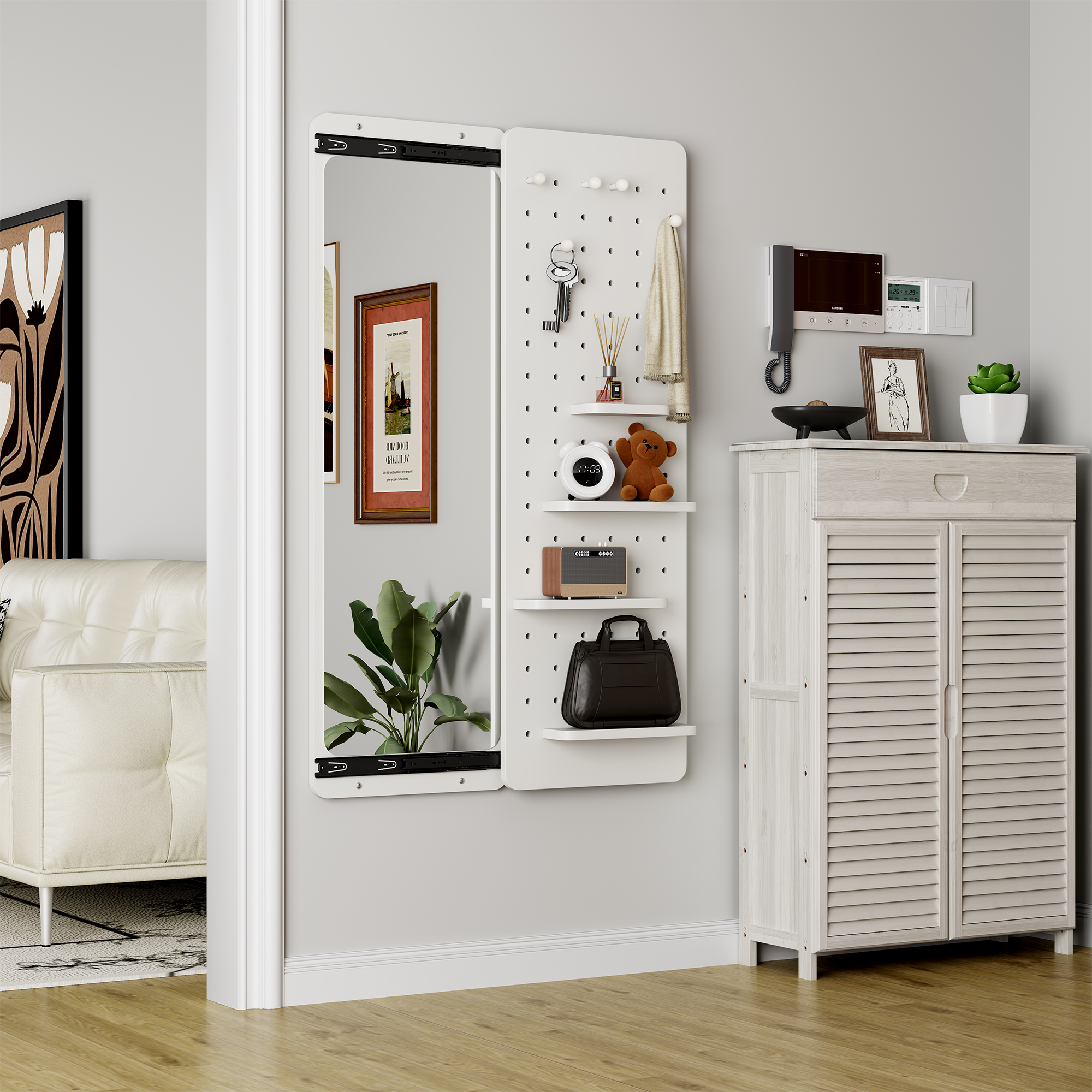 47.6 X 15.7 Inch Multi-functional Design Panel Wall-mounted Full-length Mirror, Space-saving, Can Be Pushed And Pulled. Suitable For Bedroom Living Room Entrance   White