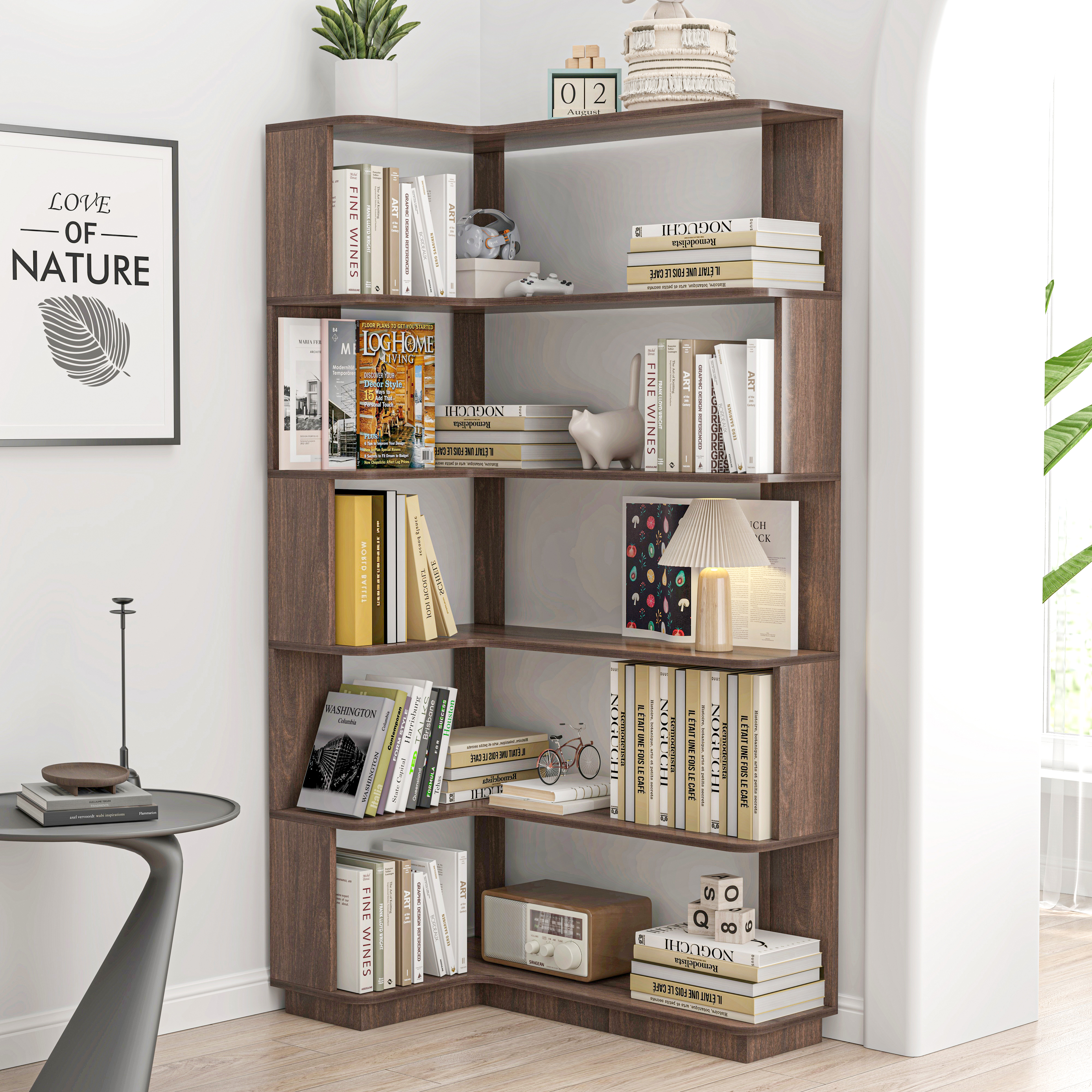 90cm 35.43 Extended Size 5-Tier Freestanding L-Shaped Corner Bookshelf For Living Room,Bedroom,home Office Wooden Bookcase With Anti-drop Panel And Anti Tipping Device,Display Shelf Open Storage