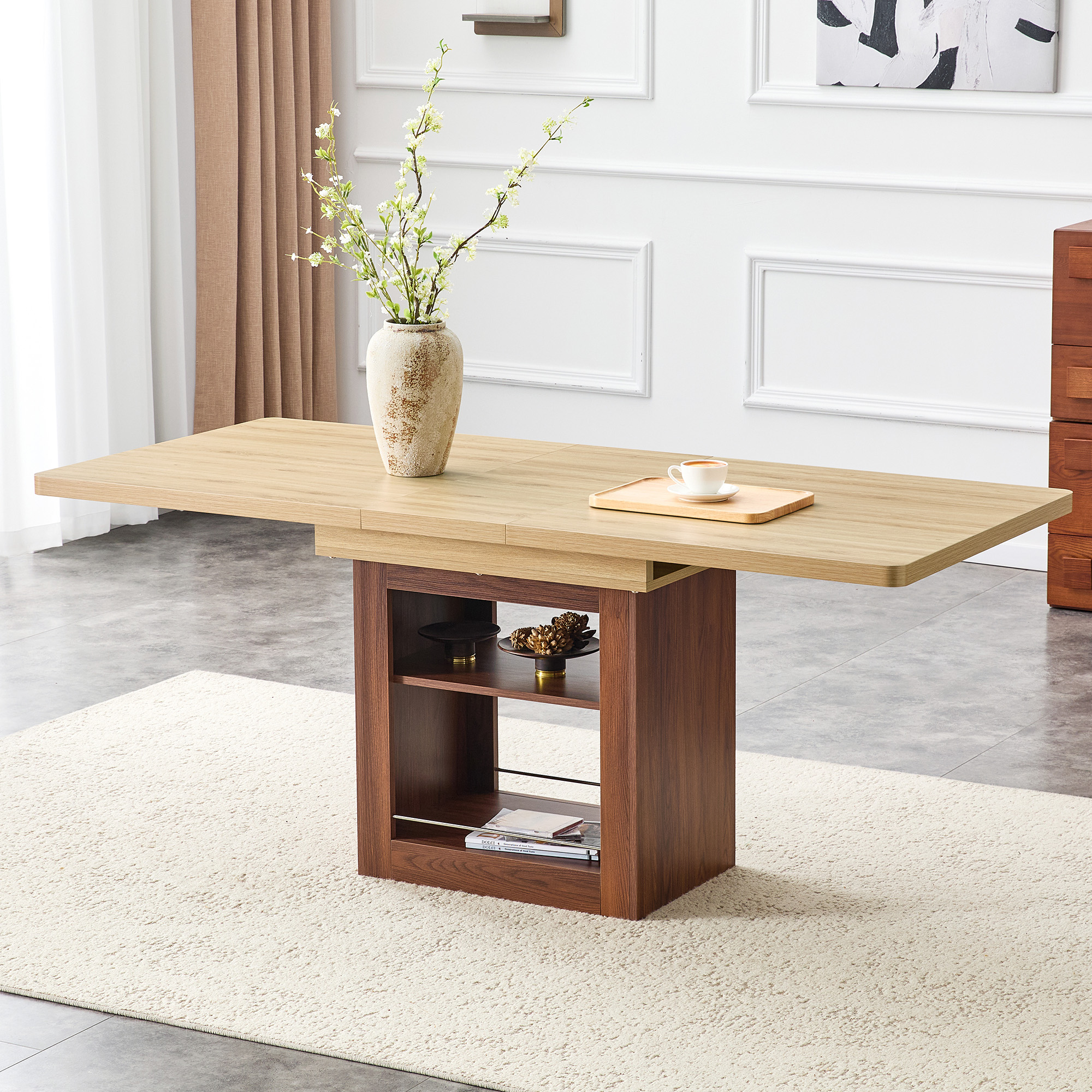 An Expandable Dining Table With Storage Space, A 59 Inch To 71 Inch Expandable Kitchen Dining Table. Wood Color Rectangular Pull Table With Sturdy MDF Frame In Walnut Color,  Accommodating 4-8 People.