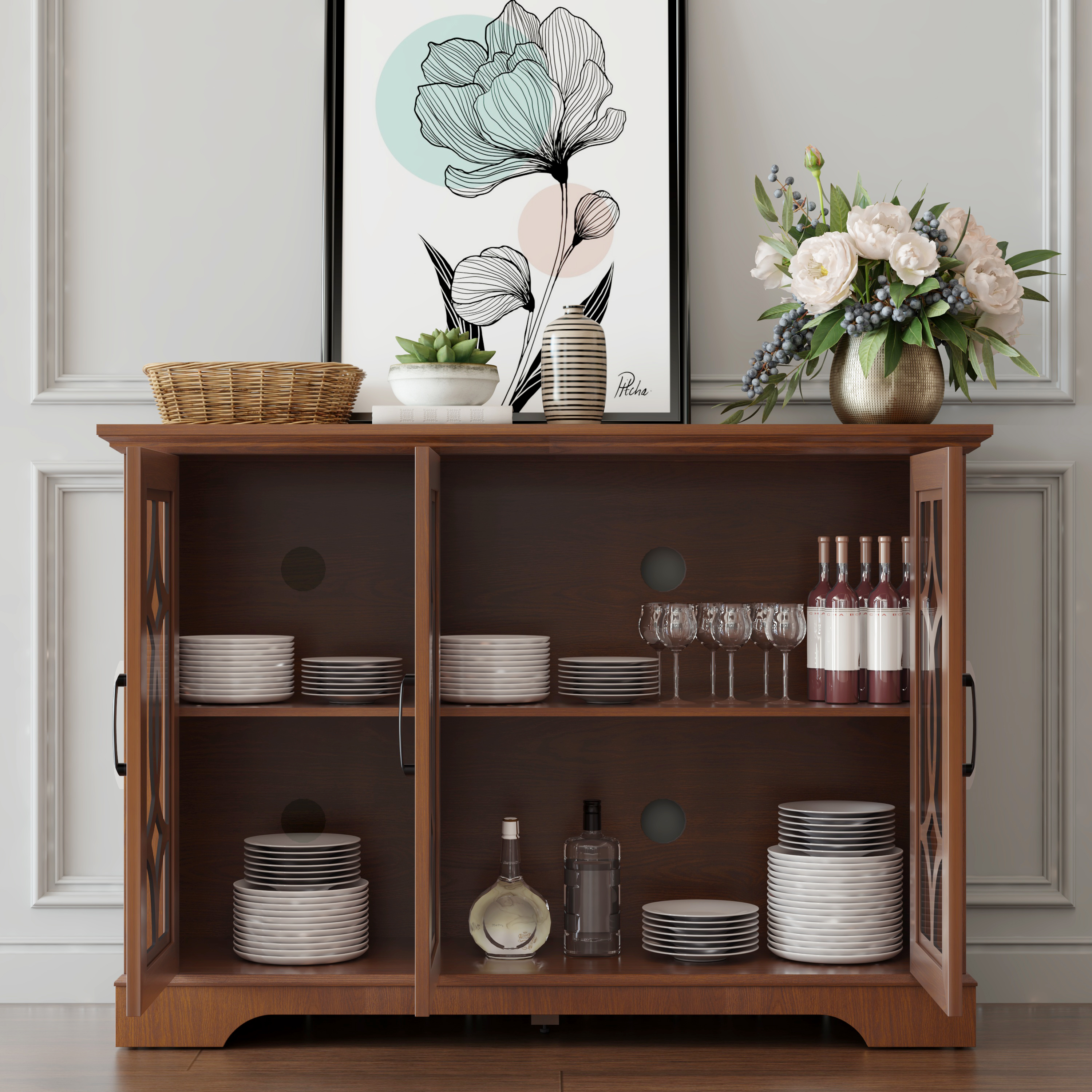 48.66 X 15.55 X 34.06in Spacious Size Sideboard 3 Clear Tempered Glass Doors Buffet With Adjustable Shelf, MDF With Dark OAK Decorative Laminates Storage Cabinet For Dinning Room, Kitchen,living Room