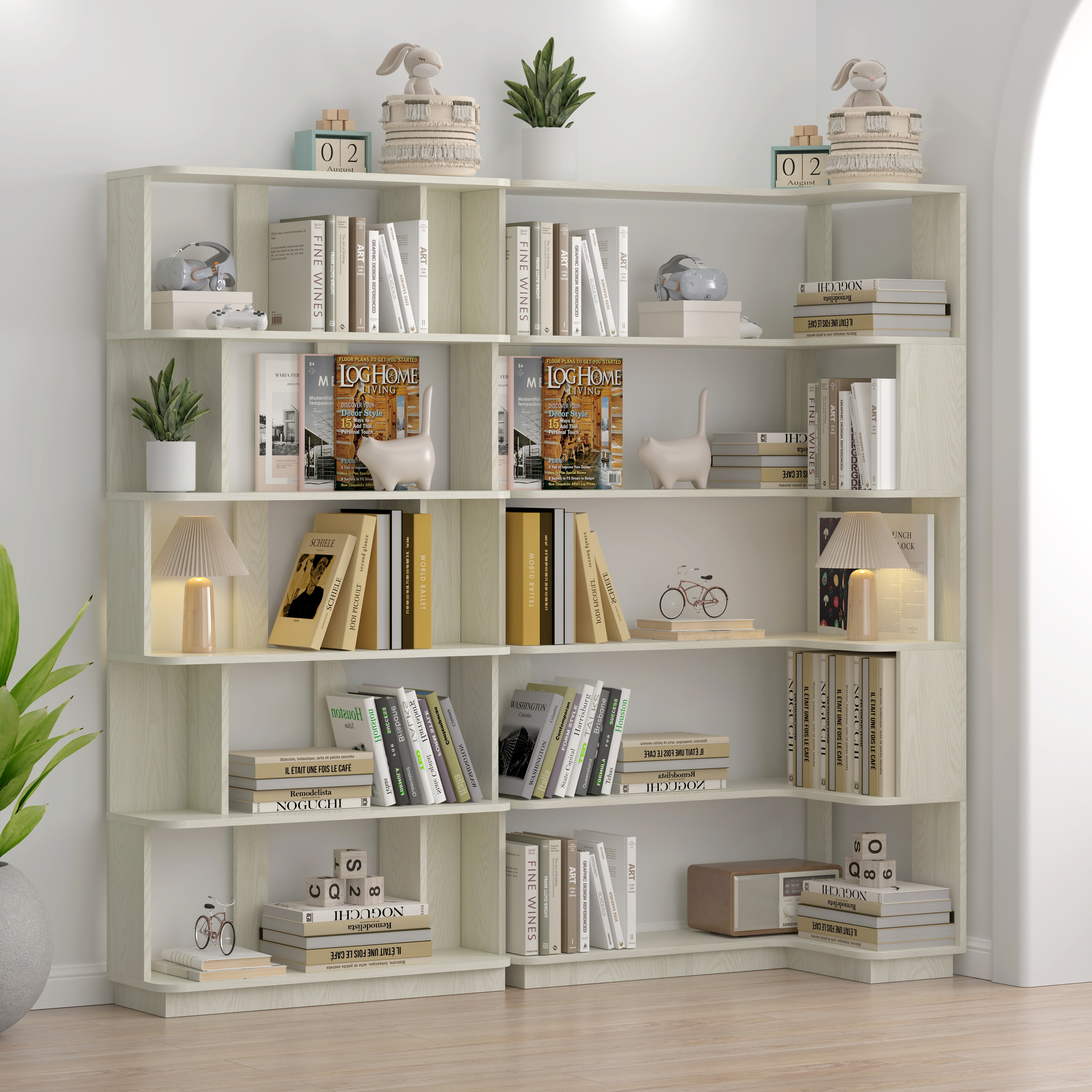 90 Cm Space Saving Corner Bookshelf    80 Cm Bookcase Extendable Free Combination, Set Of 2 Display Shelf, White OAK Color And Other 4 Colors For Option, Freely Combined And Matched Furniture