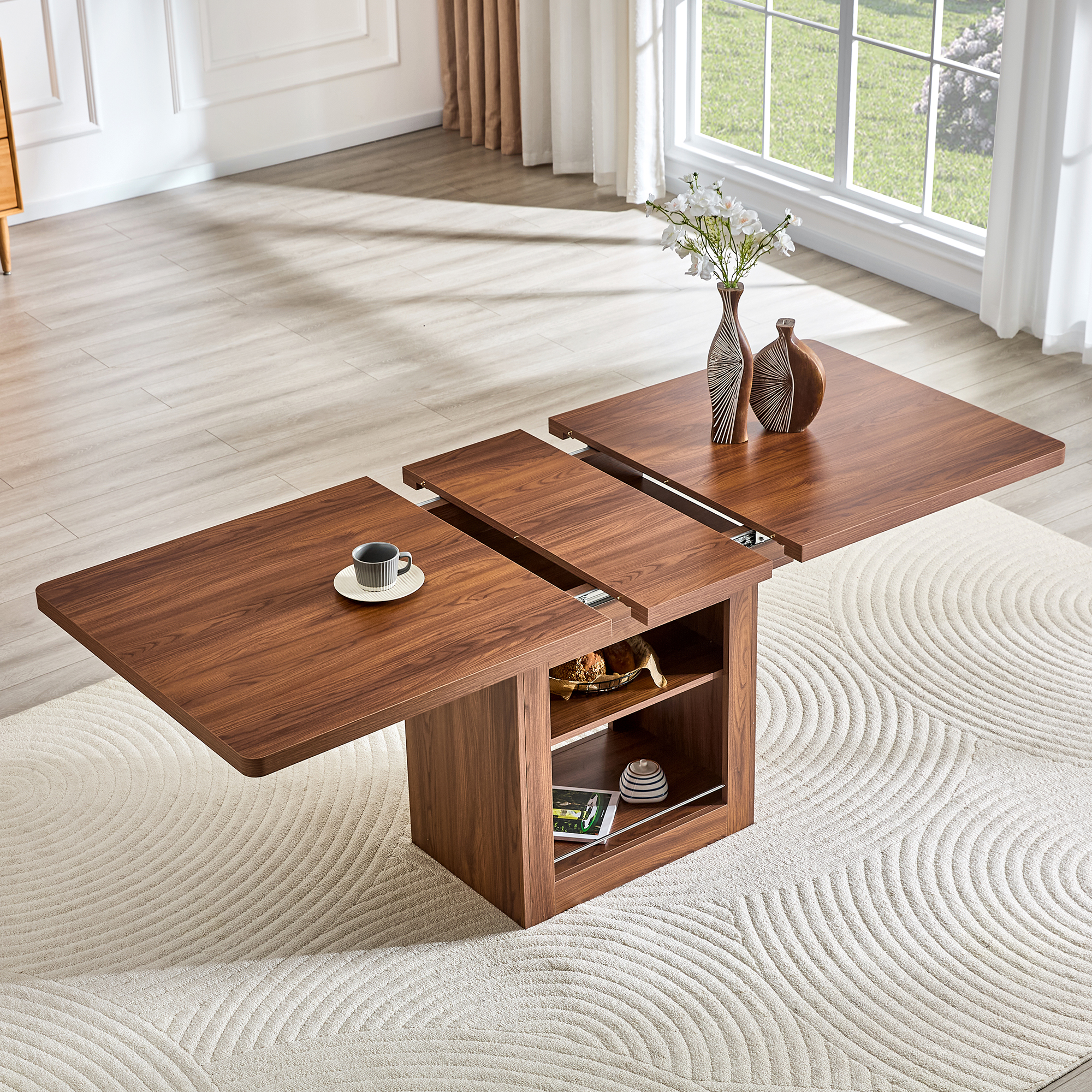 An Expandable Dining Table With Storage Space ,59 Inch To 71 Inch Expandable Kitchen Dining Table. Walnut Rectangular Pull Table With Sturdy MDF Frame In Walnut Color,  Accommodating 4-8 People.