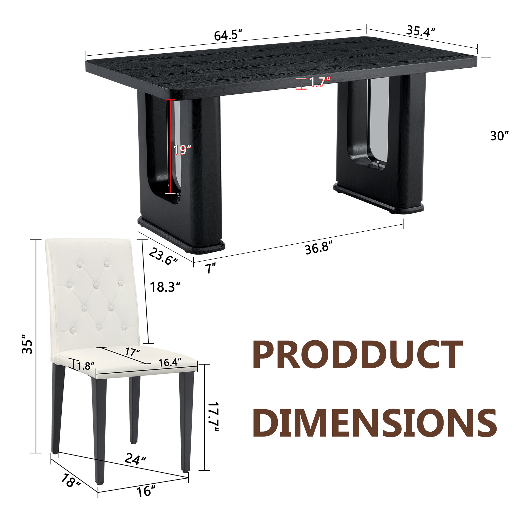 Table And Chair Set.64.5 X 35.4 Inch Stylish Black Wood Color Textured Dining Table.4-pack White PU Dining Chairs Ergonomic Buckle Backrest.Exudes A Strong Sense Of Fashion.
