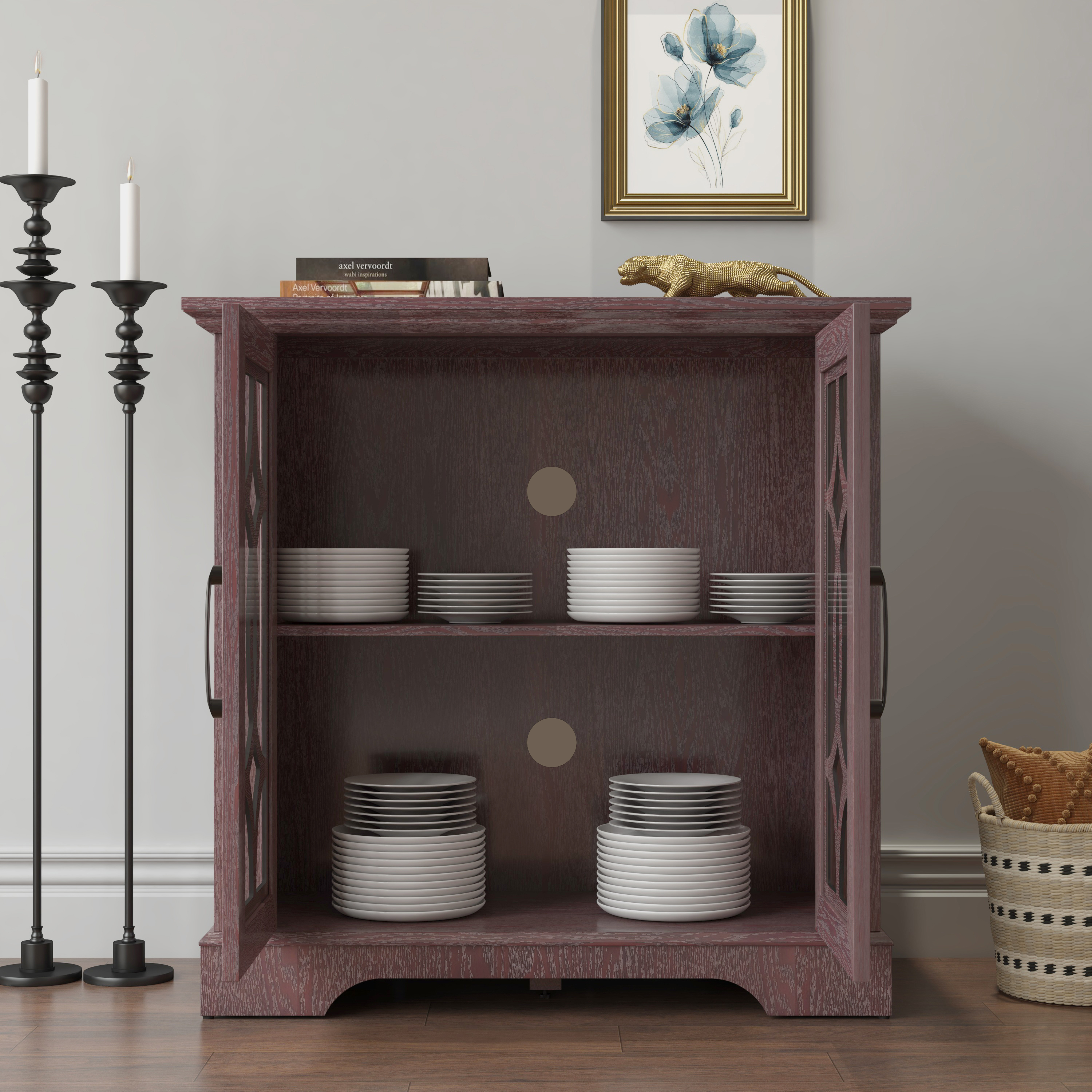 34.37 X 15.55 X 34.06in Spacious Size Sideboard 2 Clear Tempered Glass Doors Buffet With Adjustable Shelf, MDF With Dark RED Decorative Laminates Storage Cabinet For Dinning Room, Kitchen,living Room