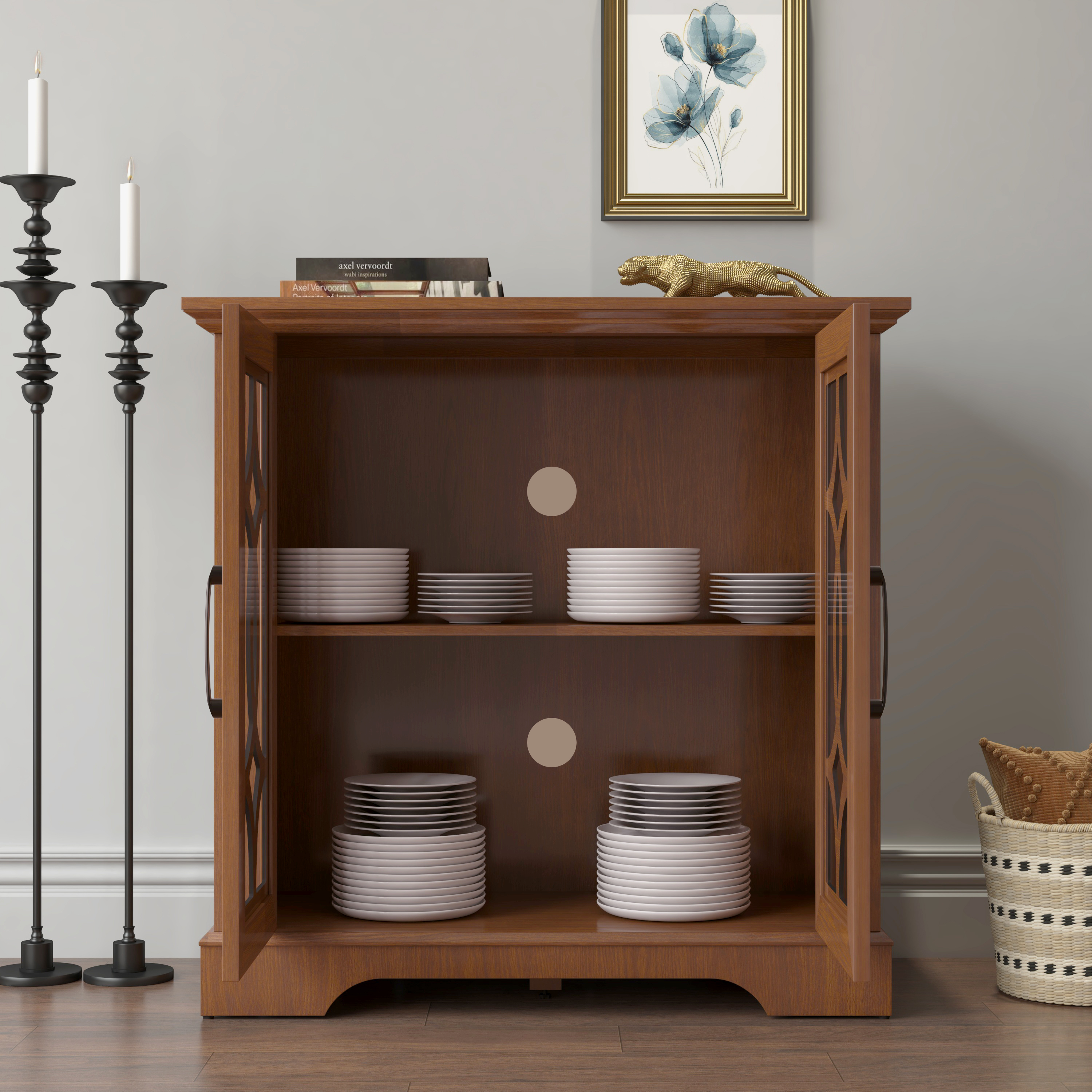 34.37X 15.55X 34.06in Spacious Size Sideboard 2 Clear Tempered Glass Doors Buffet With Adjustable Shelf, MDF With Dark OAK Decorative Laminates Storage Cabinet For Dinning Room, Kitchen,living Room